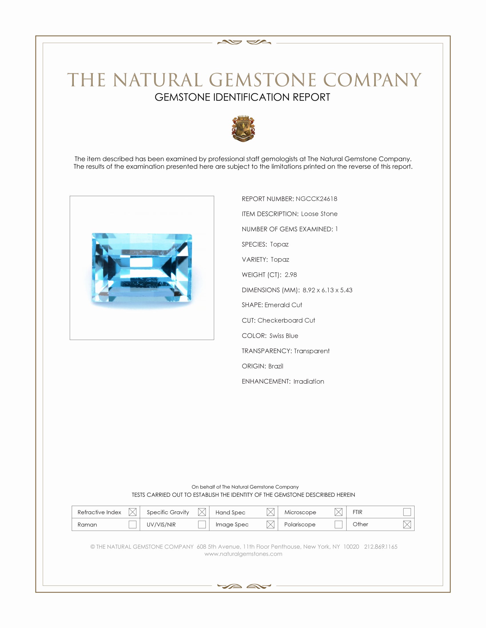 2.98 Ct. Swiss Blue Topaz from Brazil