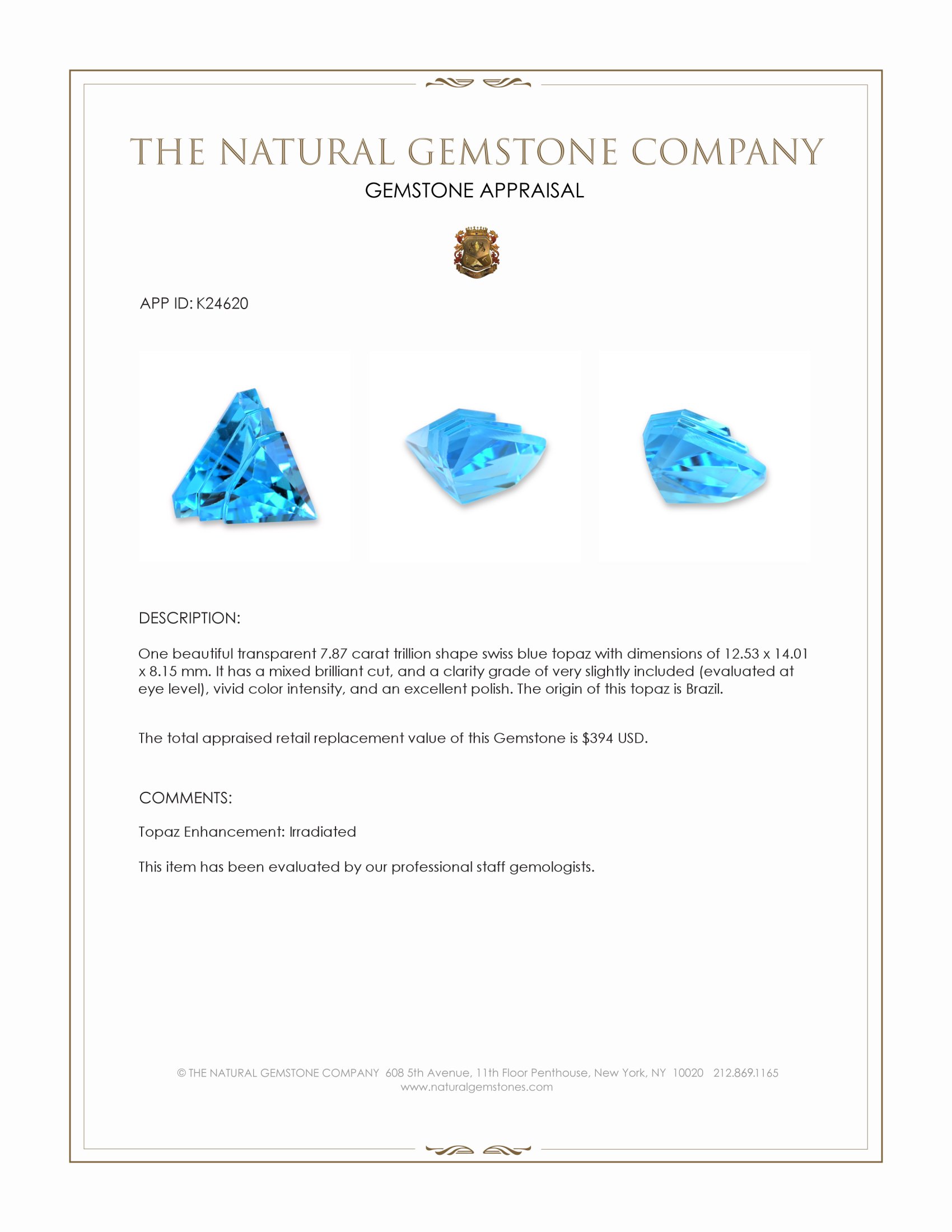 7.87 Ct. Swiss Blue Topaz from Brazil