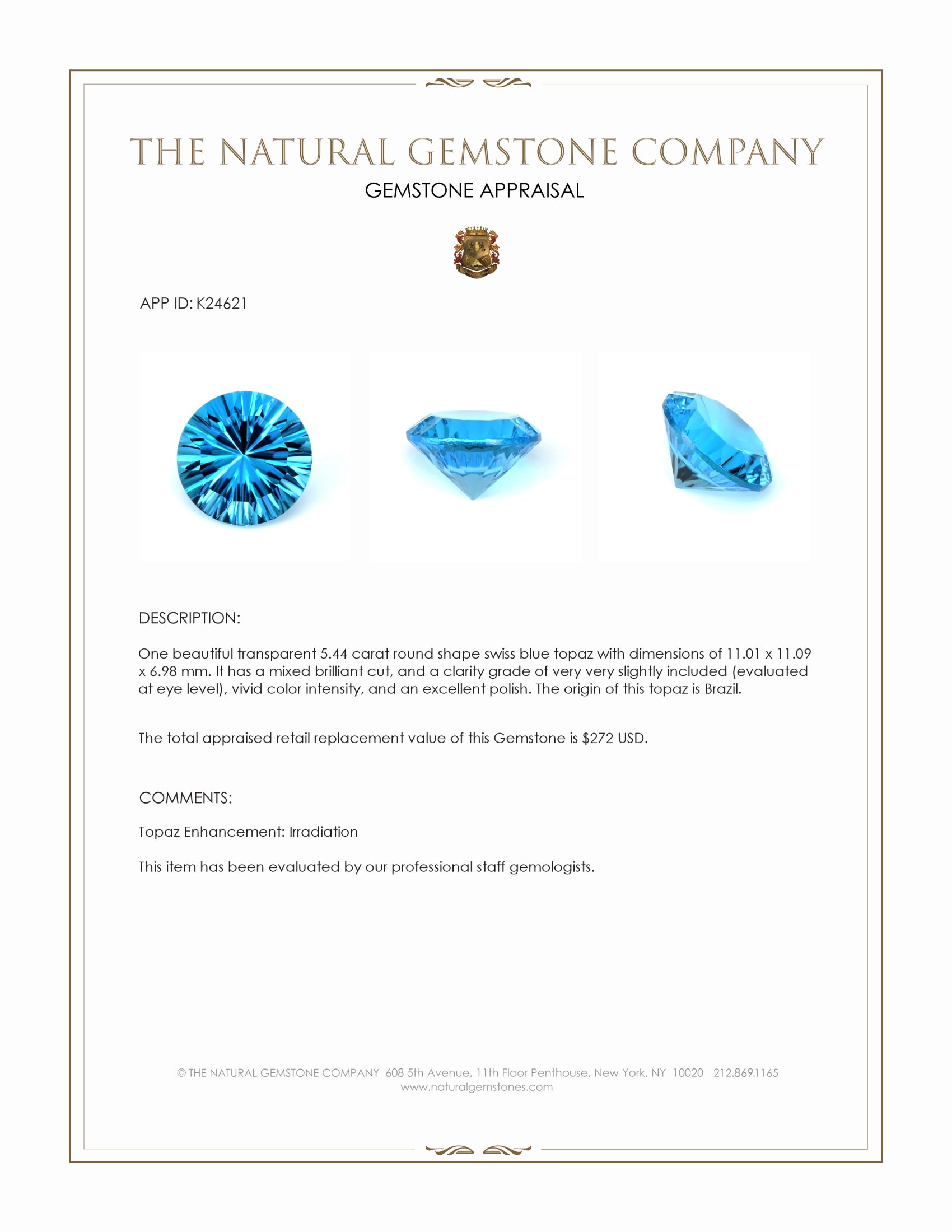 5.44 Ct. Swiss Blue Topaz from Brazil