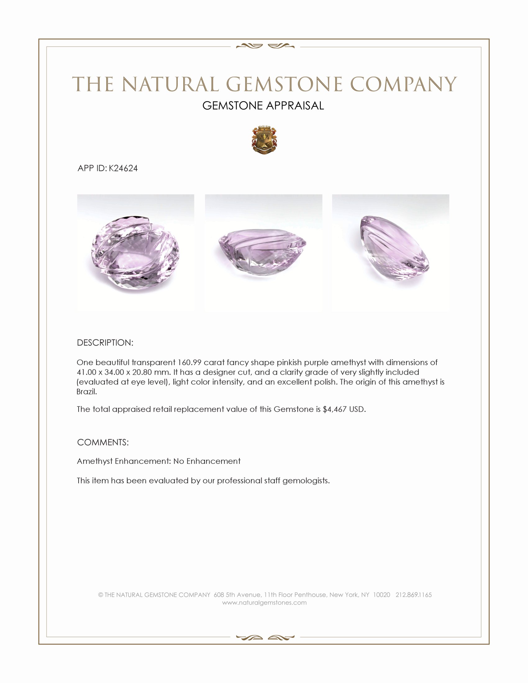 160.99 Ct. Pinkish Purple Amethyst from Brazil