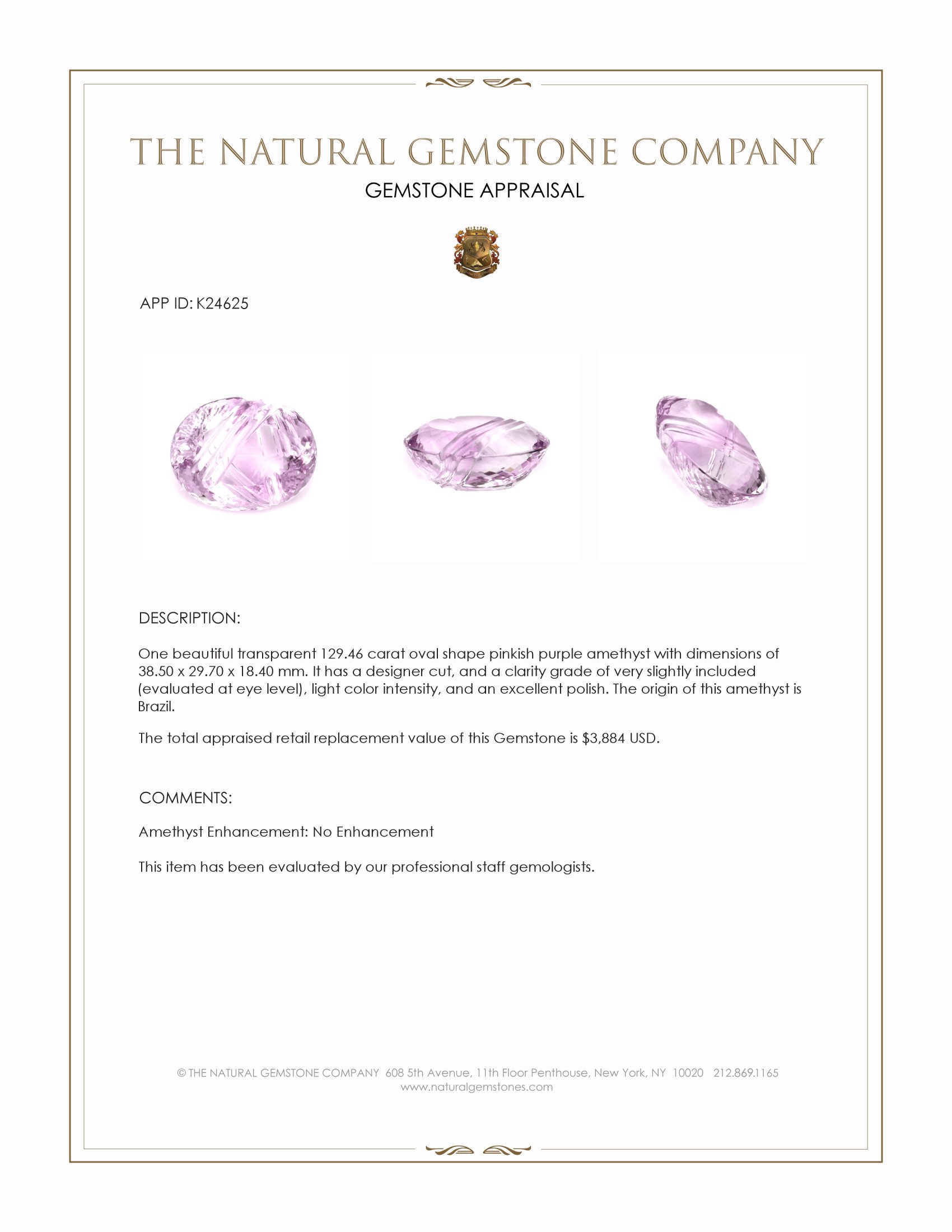 129.46 Ct. Pinkish Purple Amethyst from Brazil