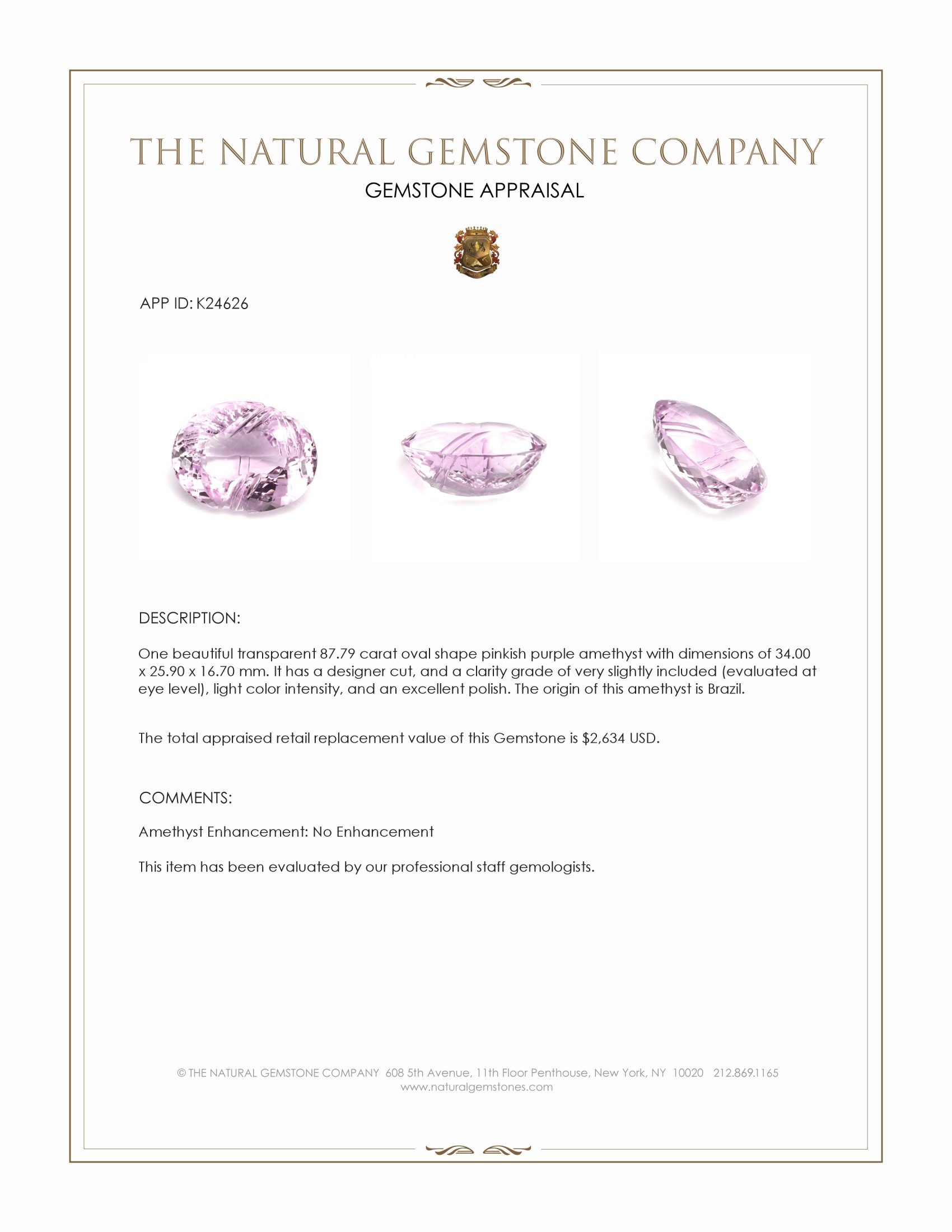 87.79 Ct. Pinkish Purple Amethyst from Brazil