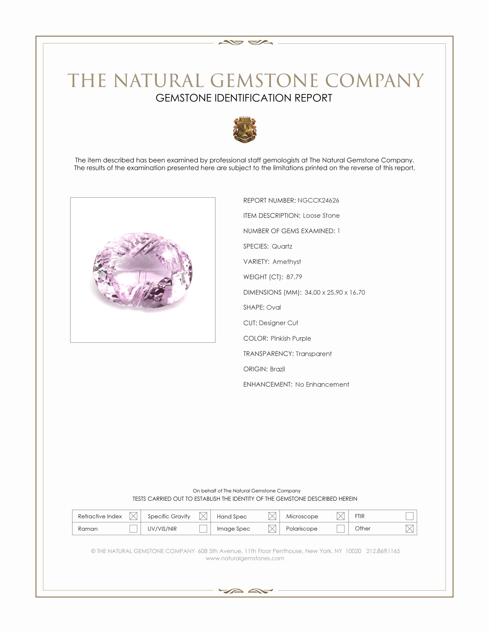 87.79 Ct. Pinkish Purple Amethyst from Brazil