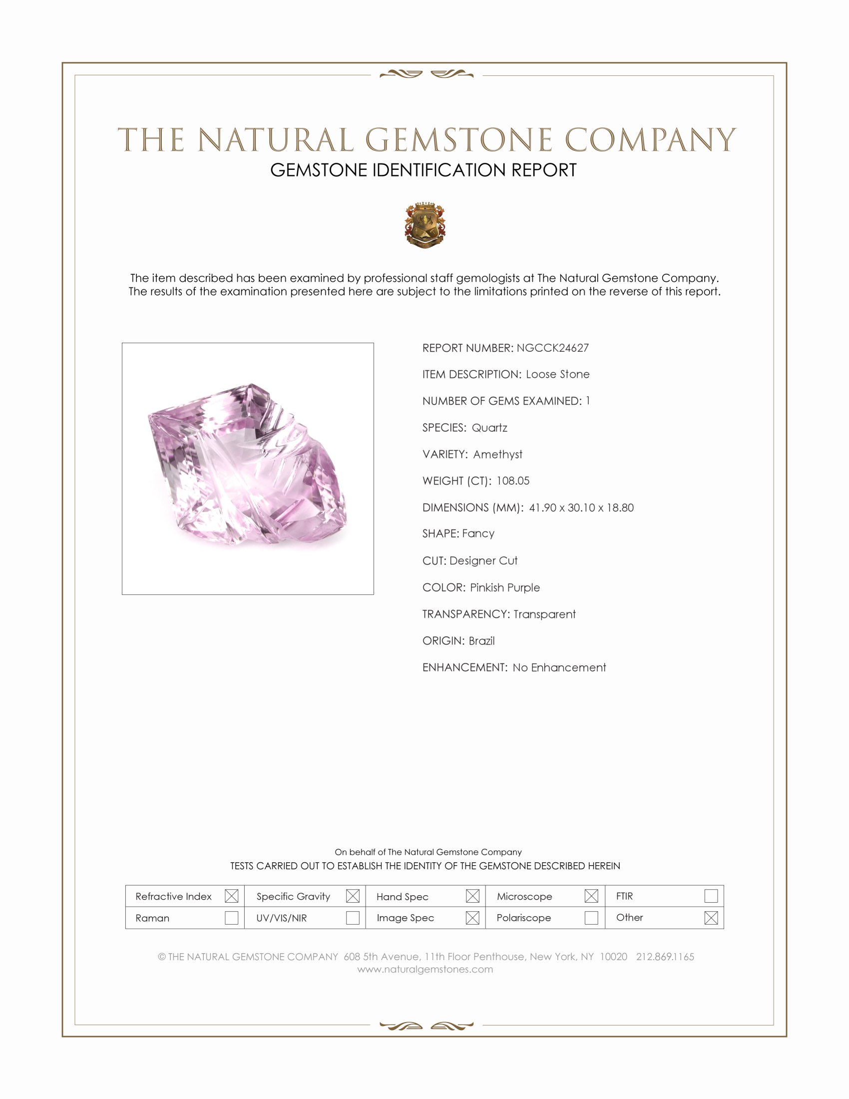 108.05 Ct. Pinkish Purple Amethyst from Brazil