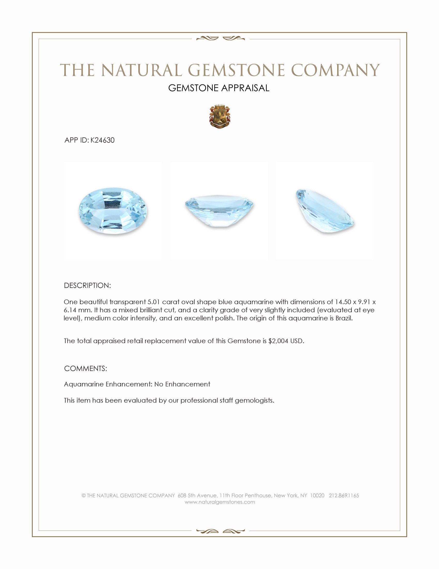 5.01 Ct. Blue Aquamarine from Brazil