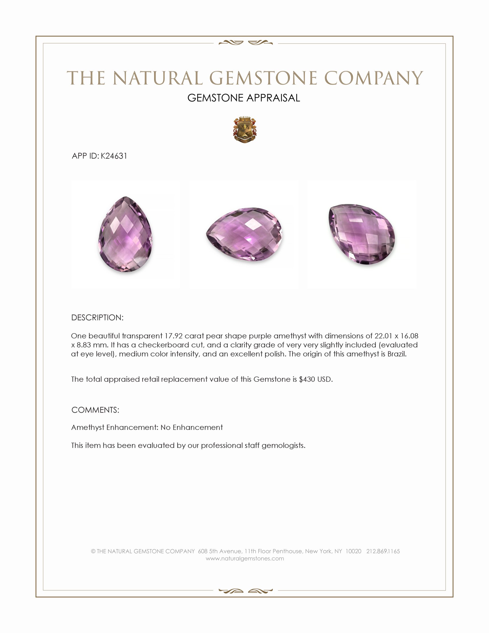 17.92 Ct. Purple Amethyst from Brazil