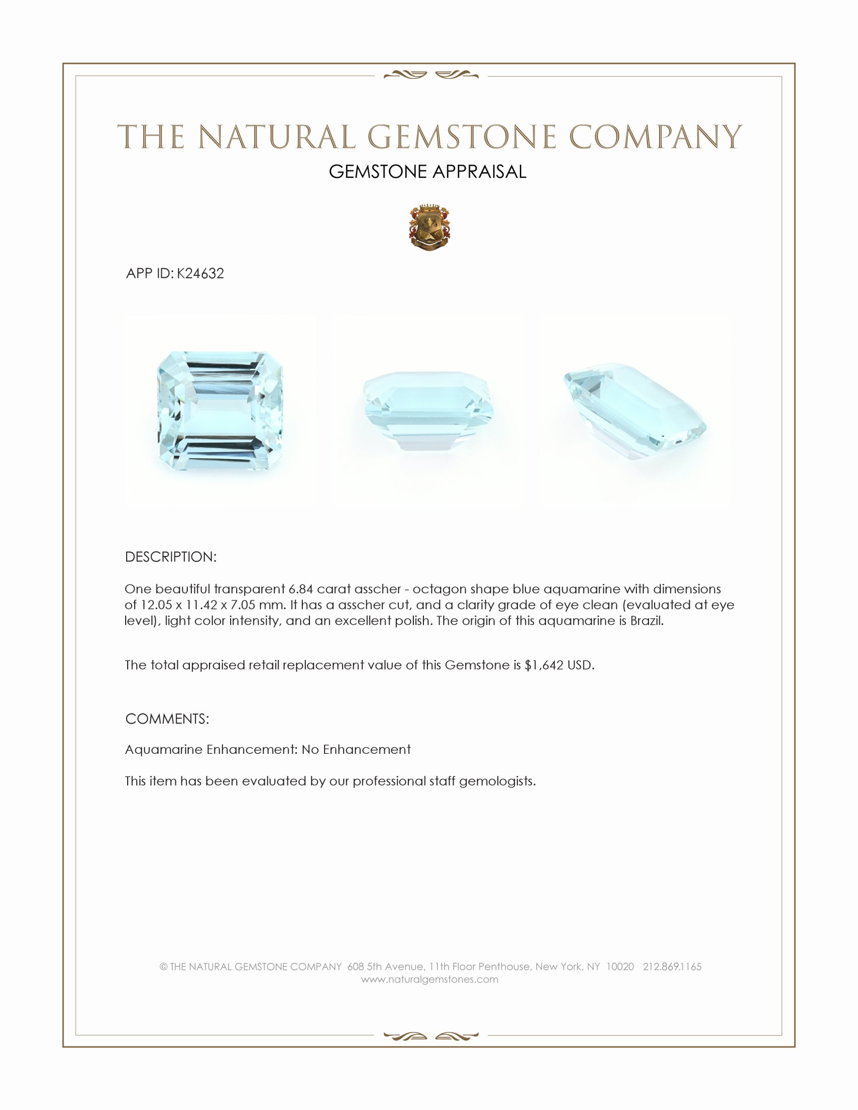 6.84 Ct. Blue Aquamarine from Brazil