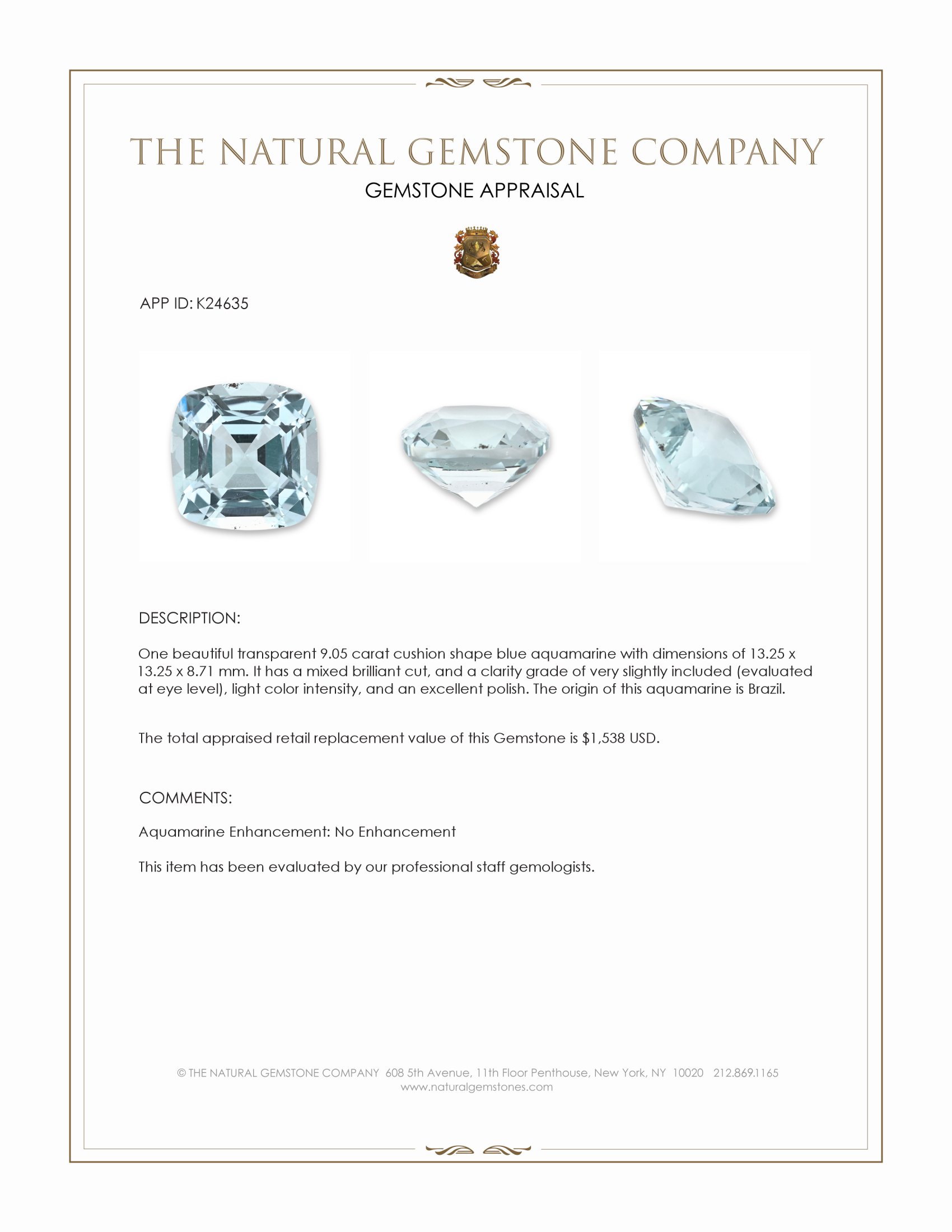 9.05 Ct. Blue Aquamarine from Brazil