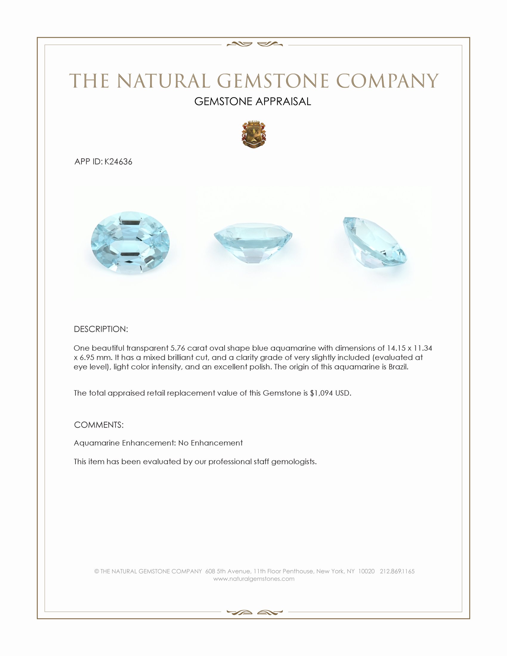 5.76 Ct. Blue Aquamarine from Brazil