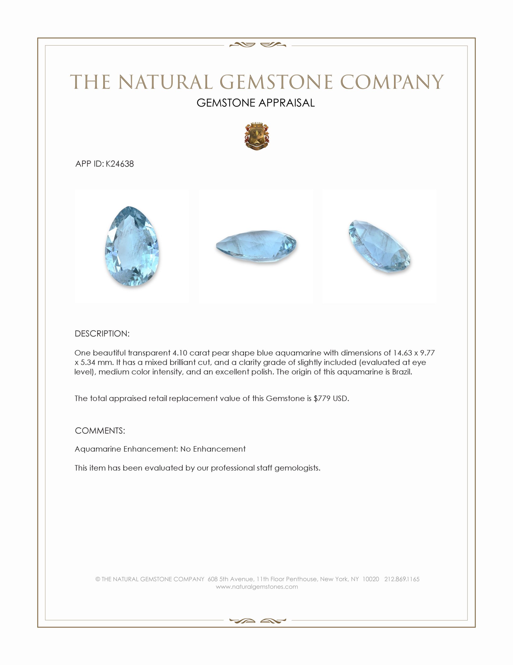 4.10 Ct. Blue Aquamarine from Brazil