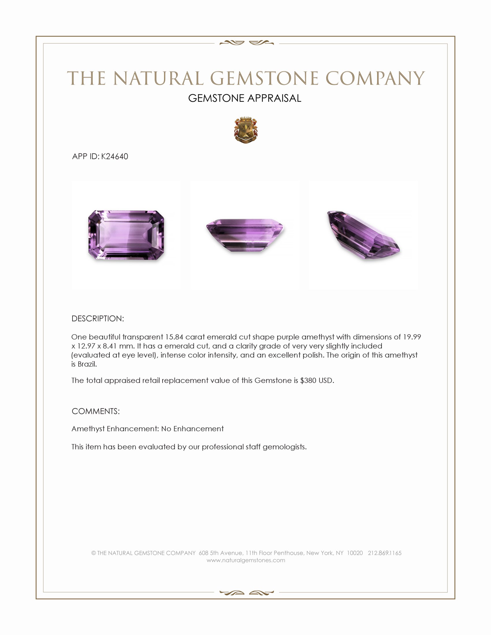 15.84 Ct. Purple Amethyst from Brazil
