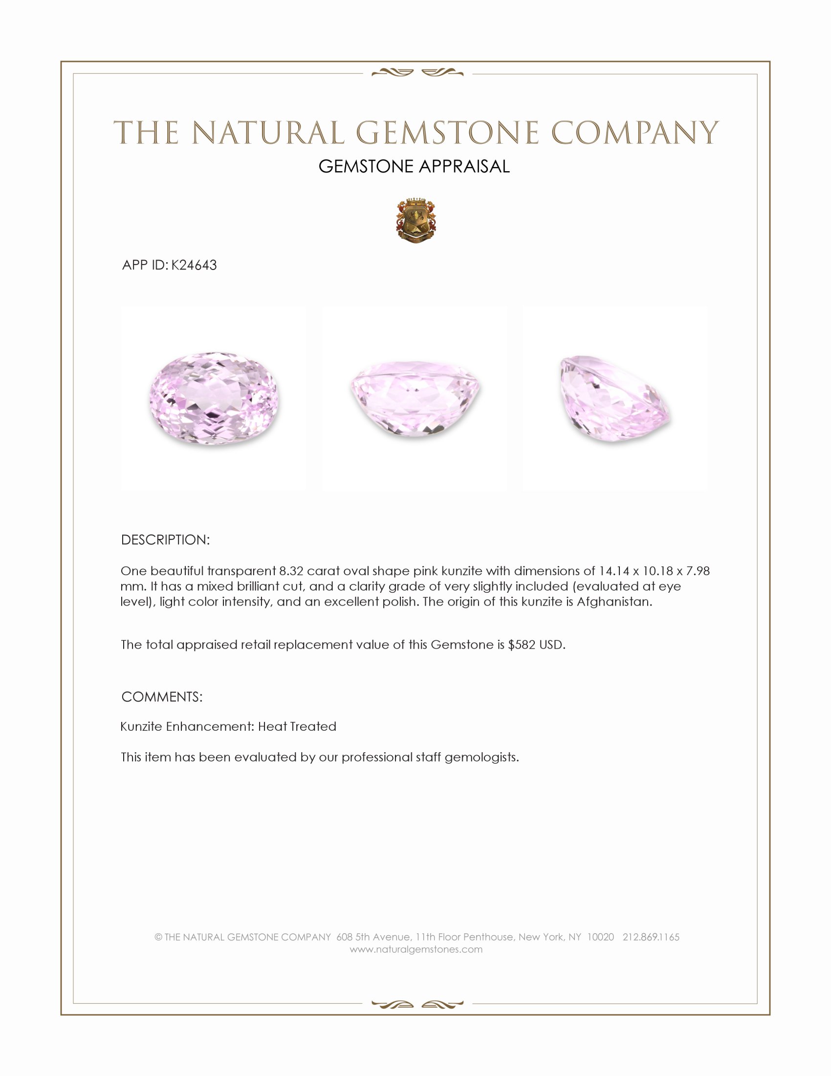 8.32 Ct. Pink Kunzite from Afghanistan