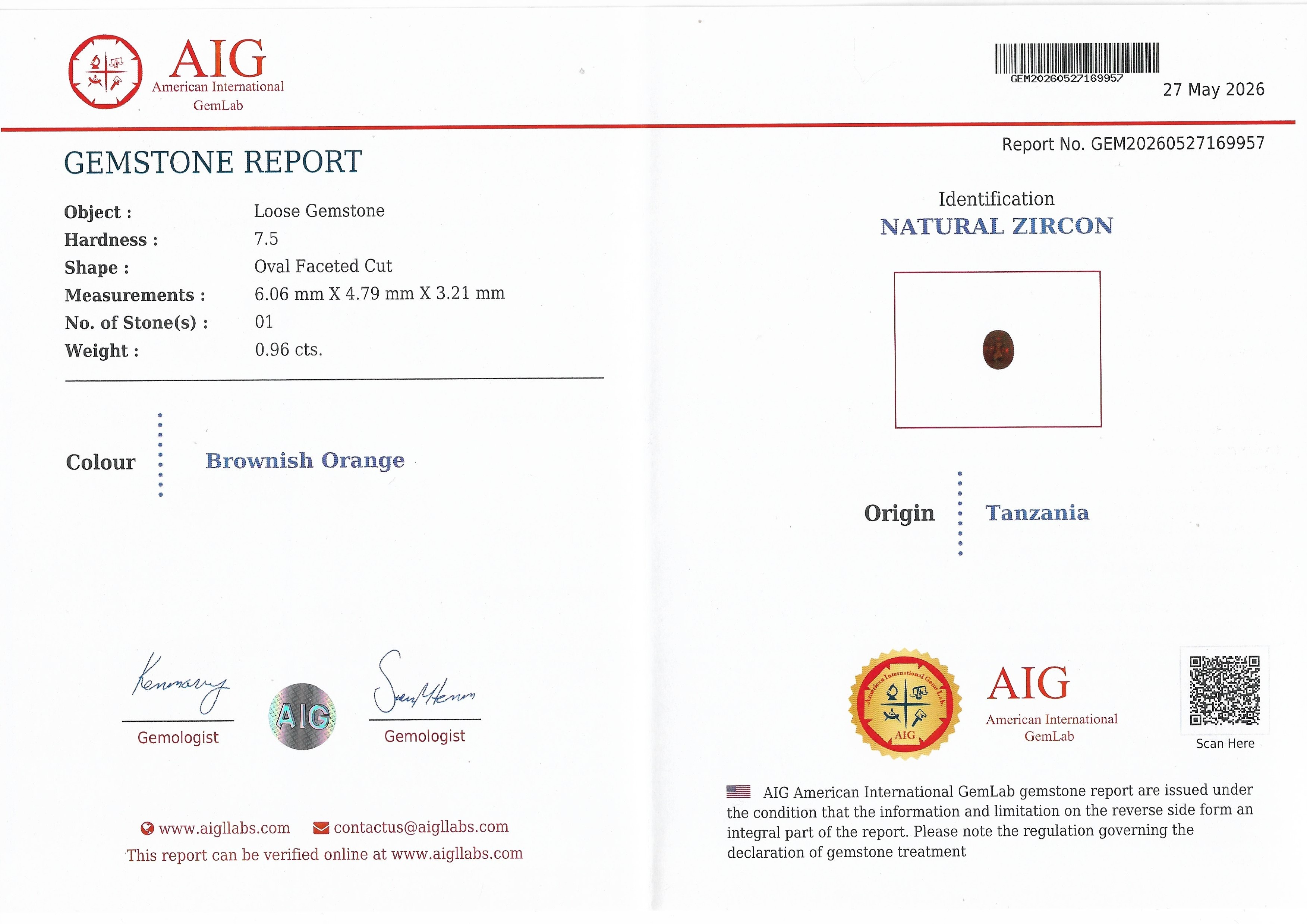 0.96 Ct. Red Zircon from Tanzania
