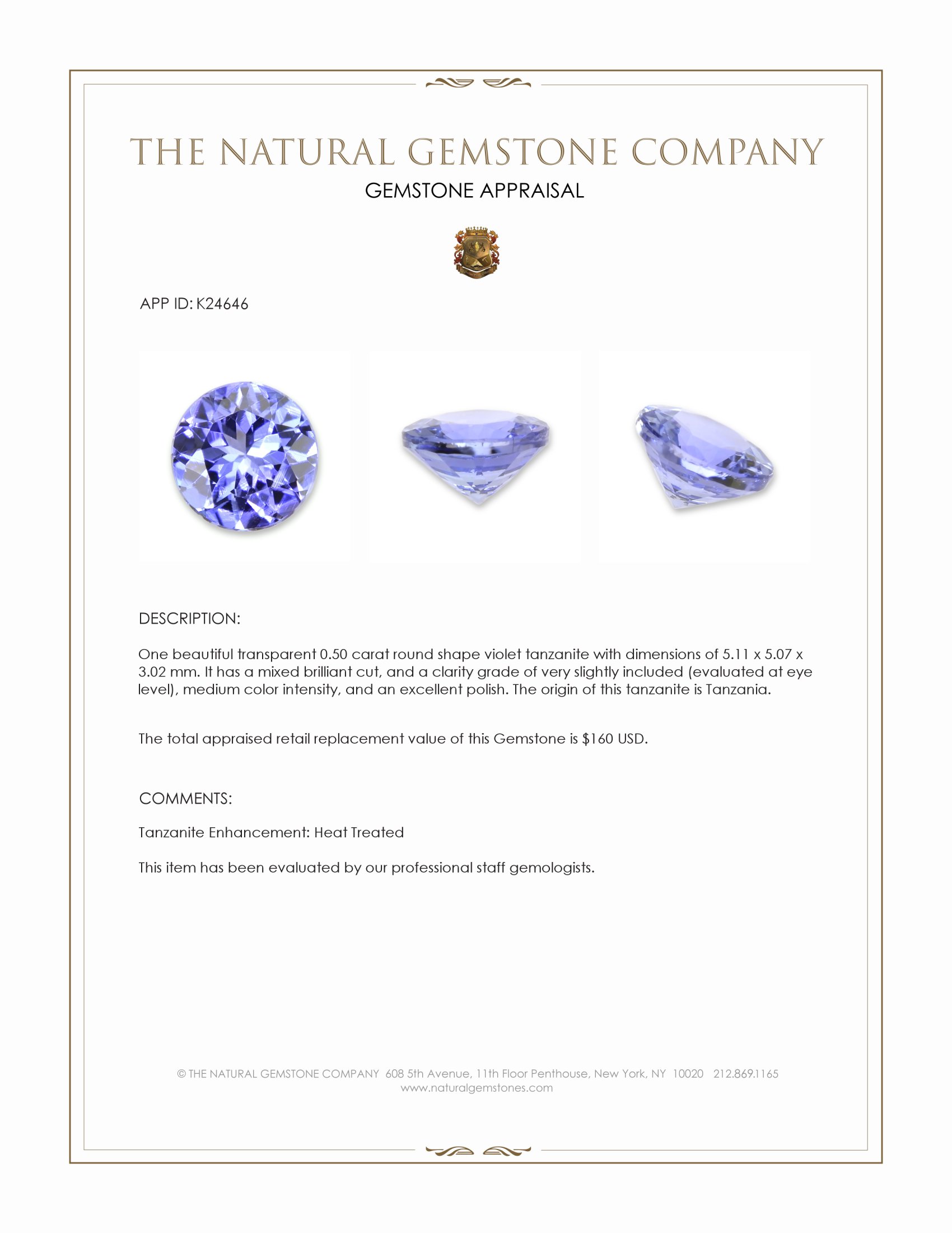 0.50 Ct. Violet Tanzanite from Tanzania