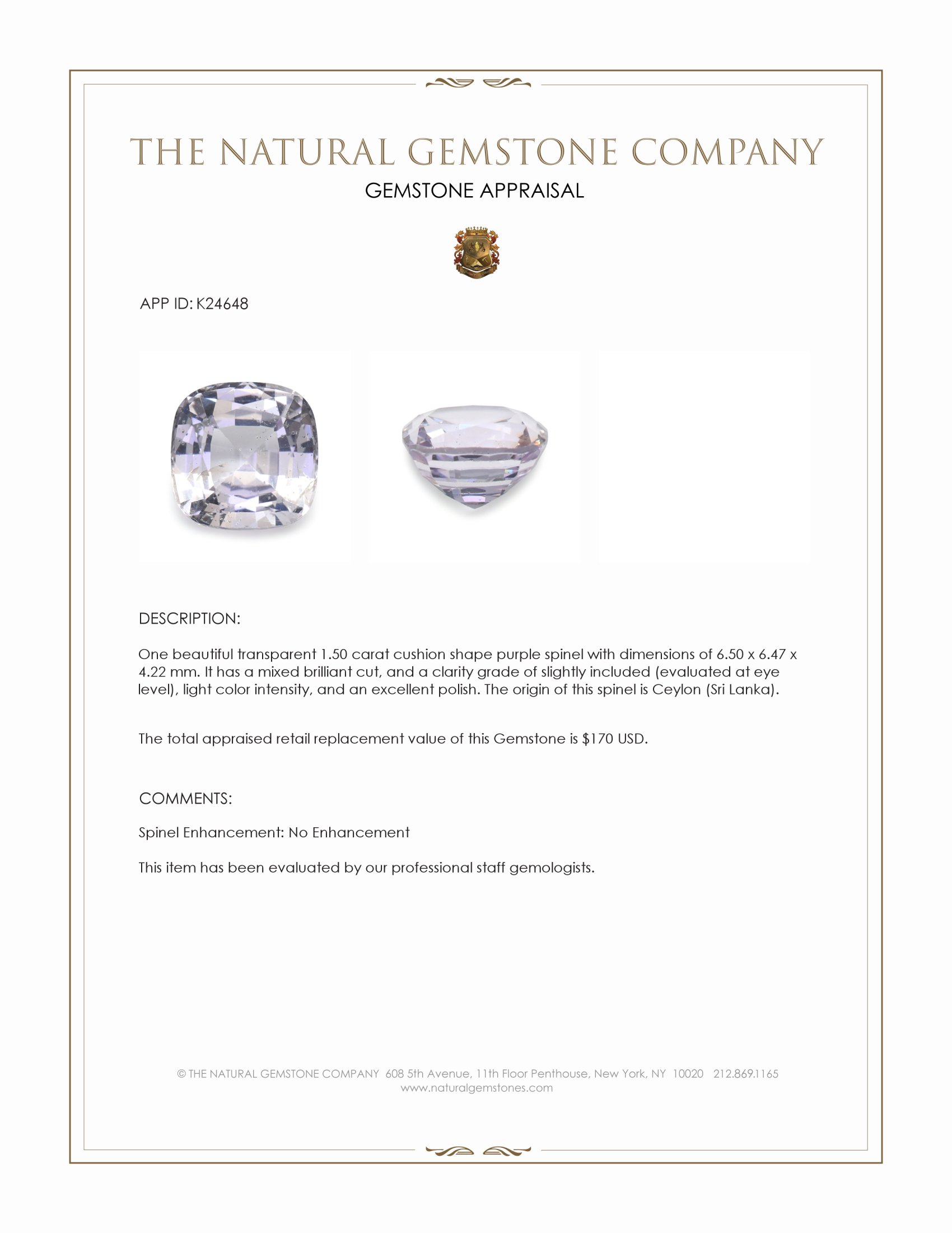 1.50 Ct. Purple Spinel from Ceylon (Sri Lanka)