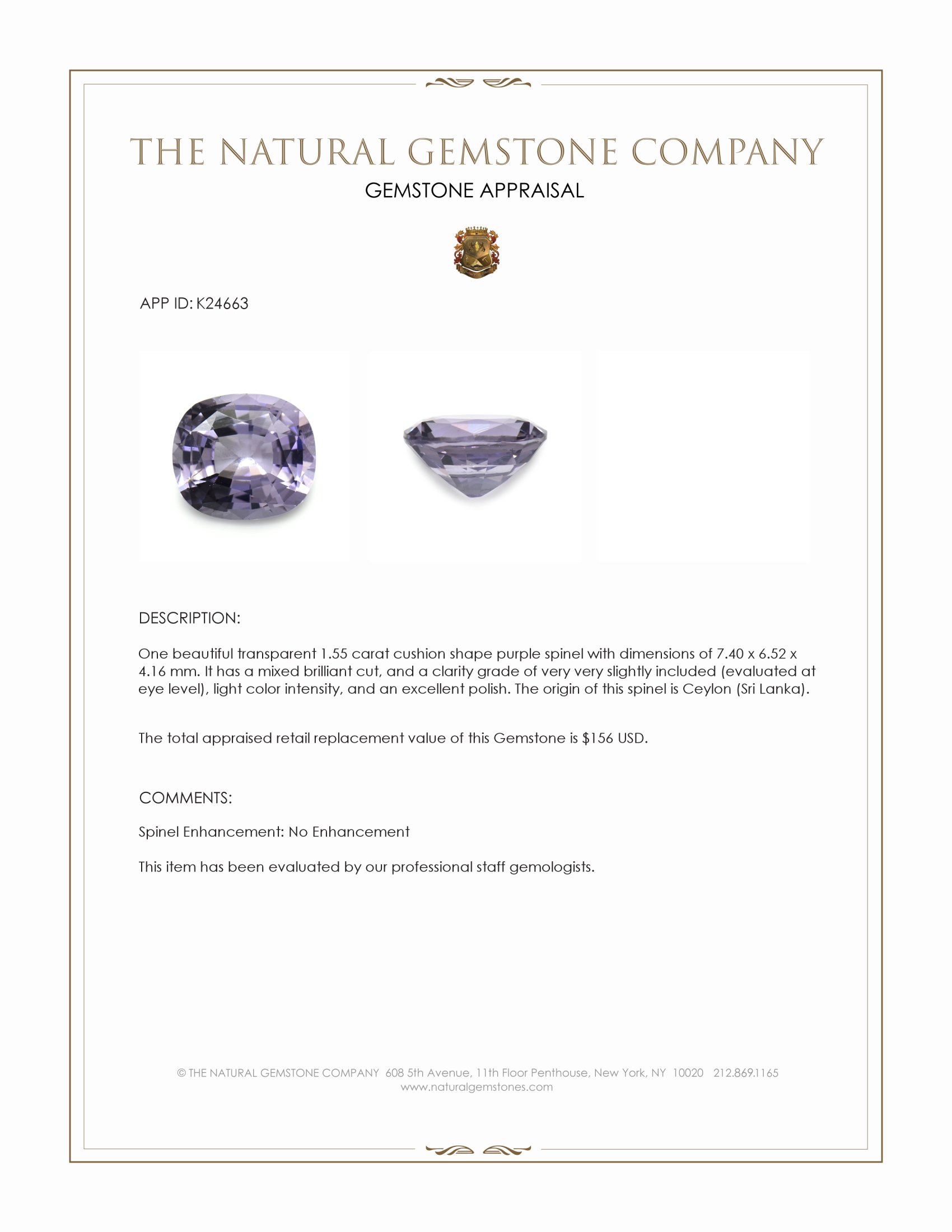 1.55 Ct. Purple Spinel from Ceylon (Sri Lanka)