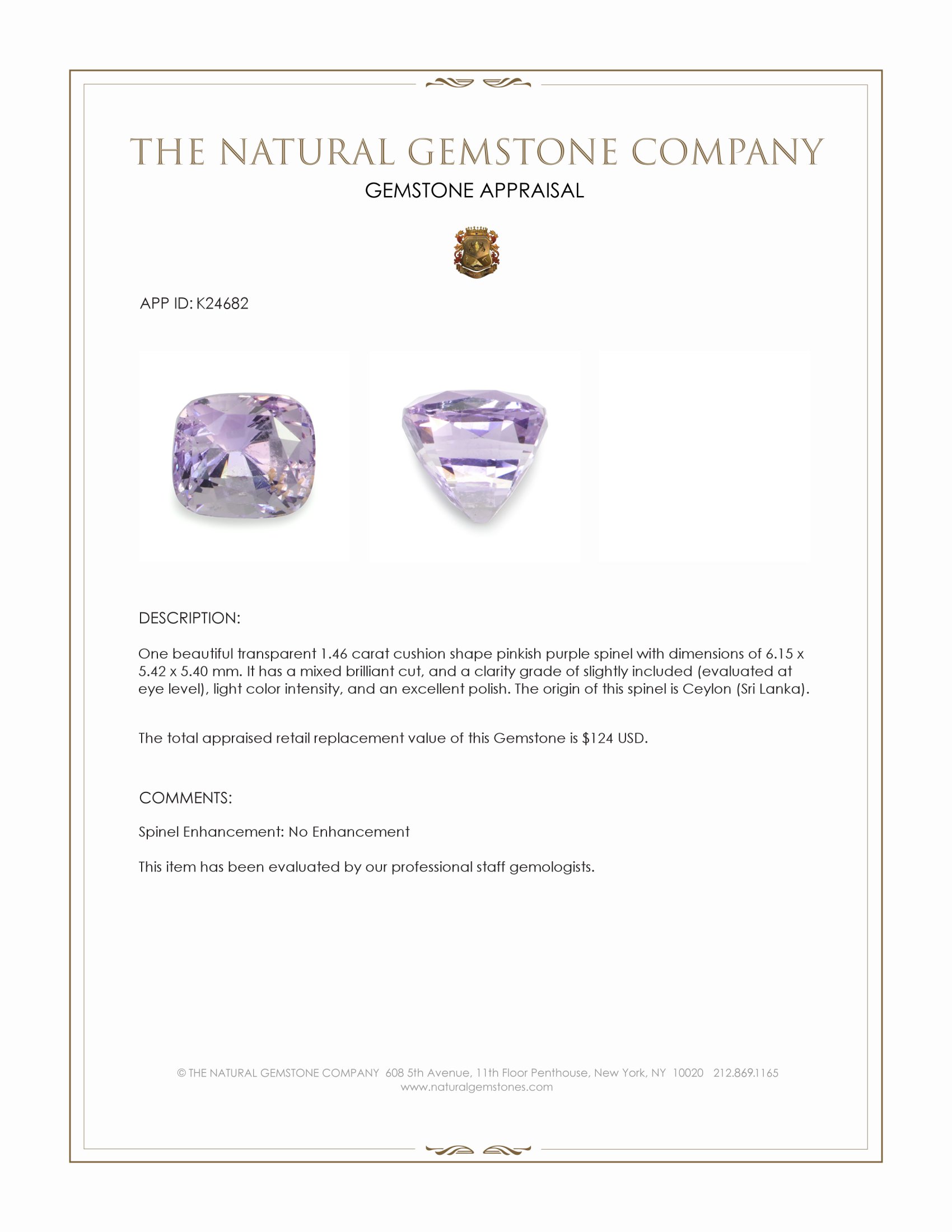 1.46 Ct. Pinkish Purple Spinel from Ceylon (Sri Lanka)