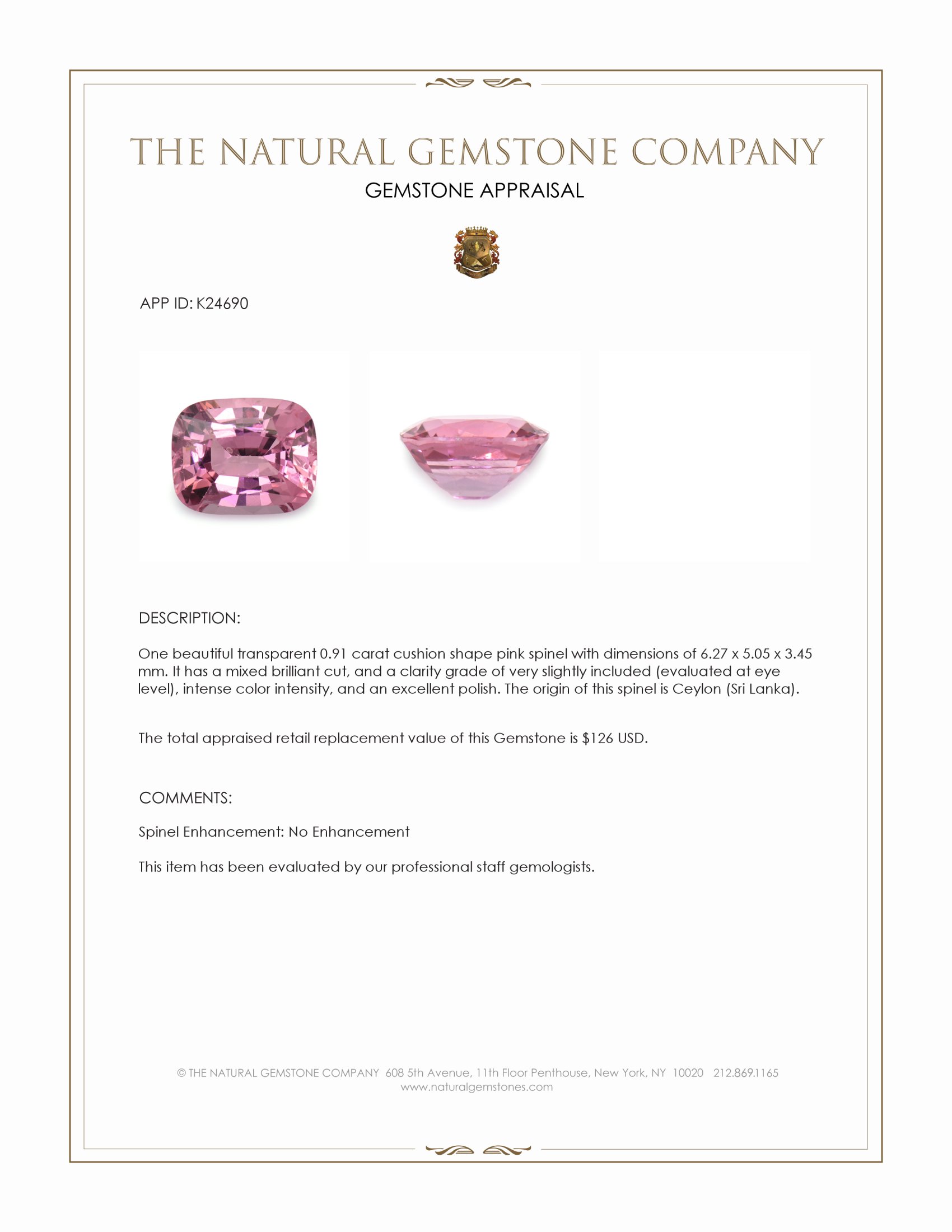 0.91 Ct. Pink Spinel from Ceylon (Sri Lanka)