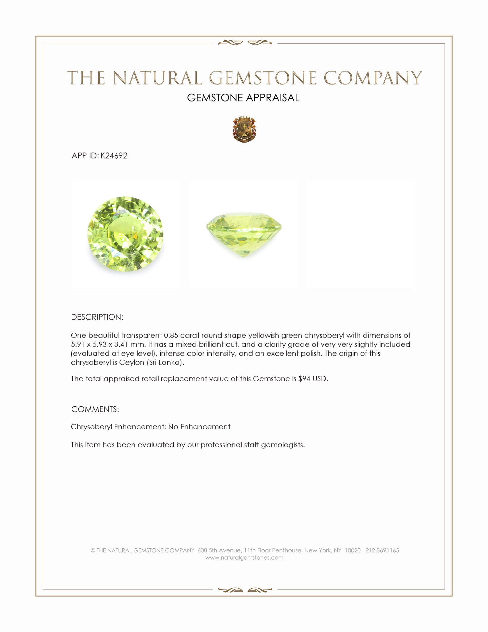 0.85 Ct. Yellowish Green Chrysoberyl from Ceylon (Sri Lanka)