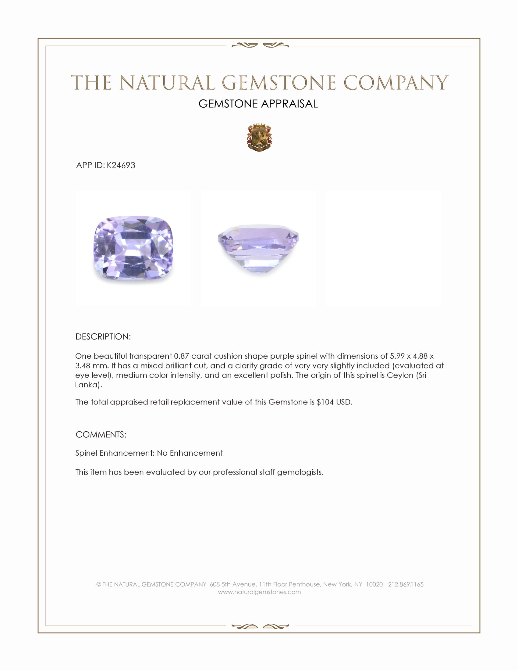 0.87 Ct. Purple Spinel from Ceylon (Sri Lanka)