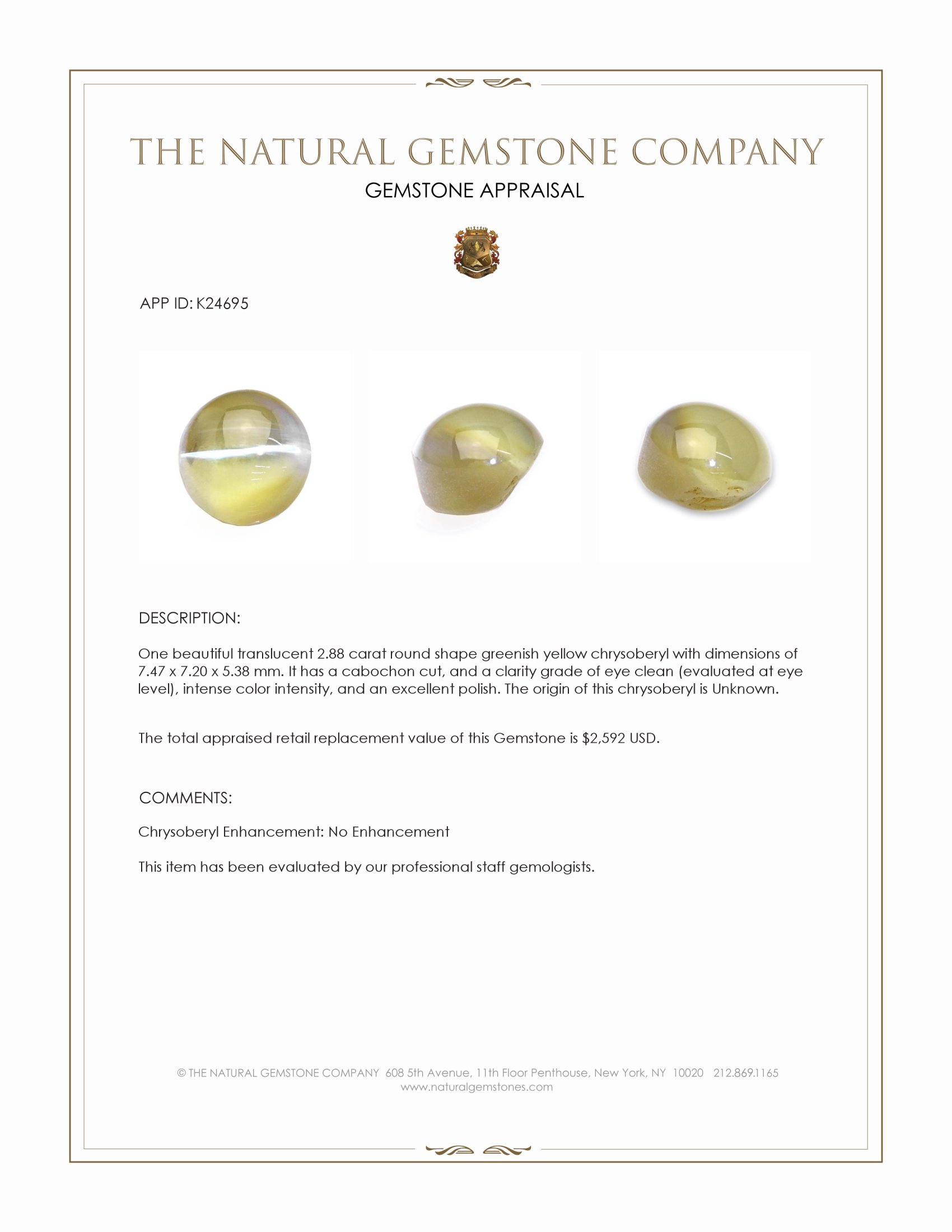 2.88 Ct. Greenish Yellow Cabochon Chrysoberyl