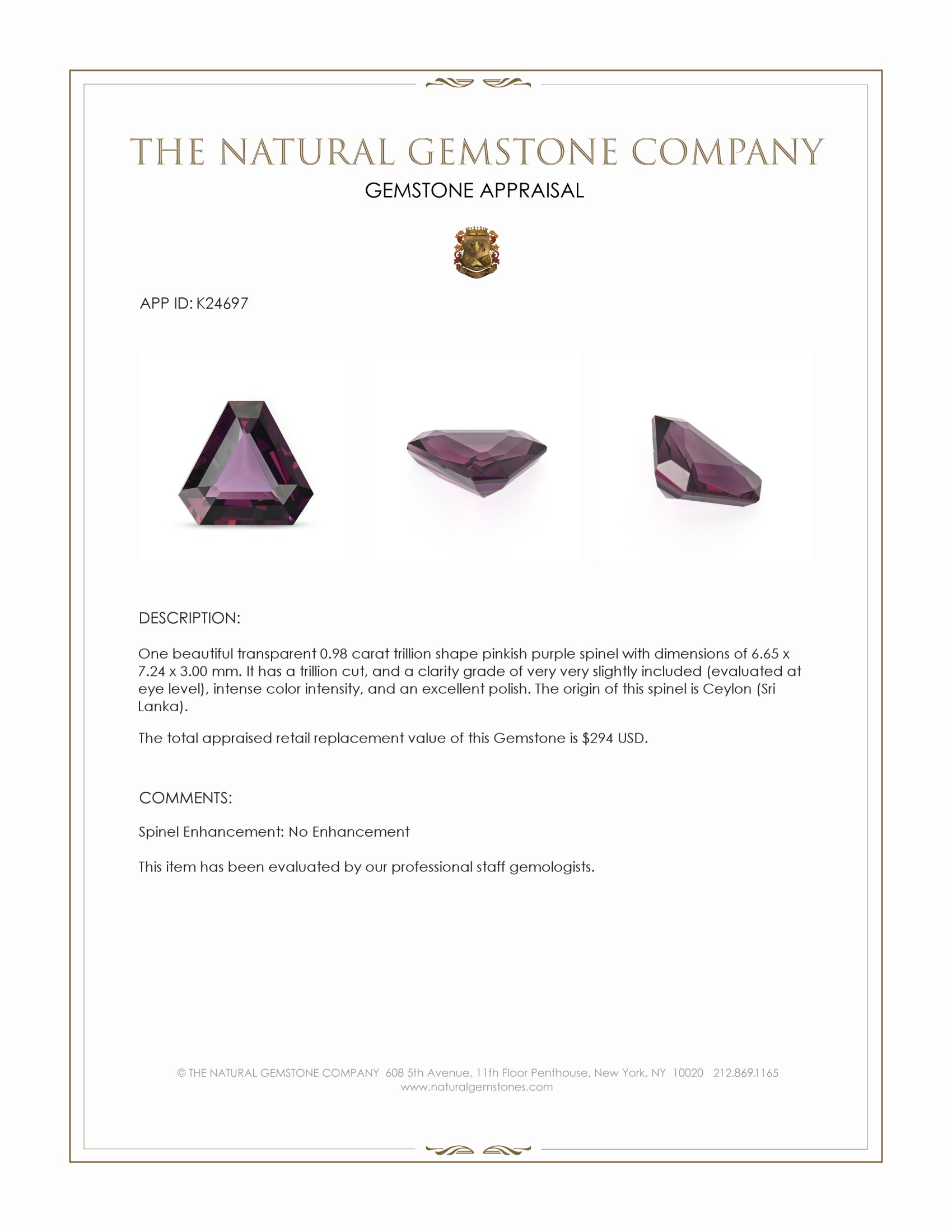 0.98 Ct. Pinkish Purple Spinel from Ceylon (Sri Lanka)