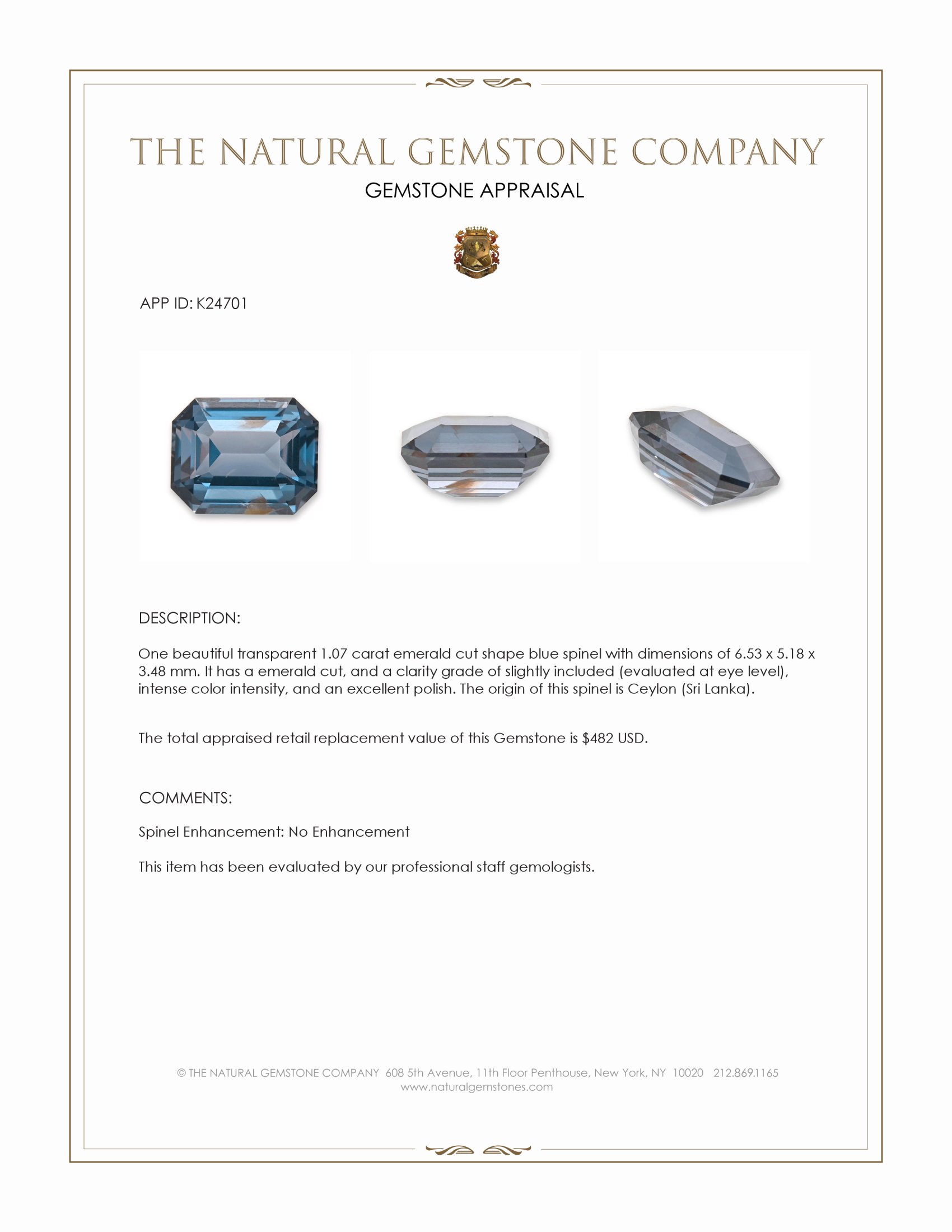 1.07 Ct. Blue Spinel from Ceylon (Sri Lanka)