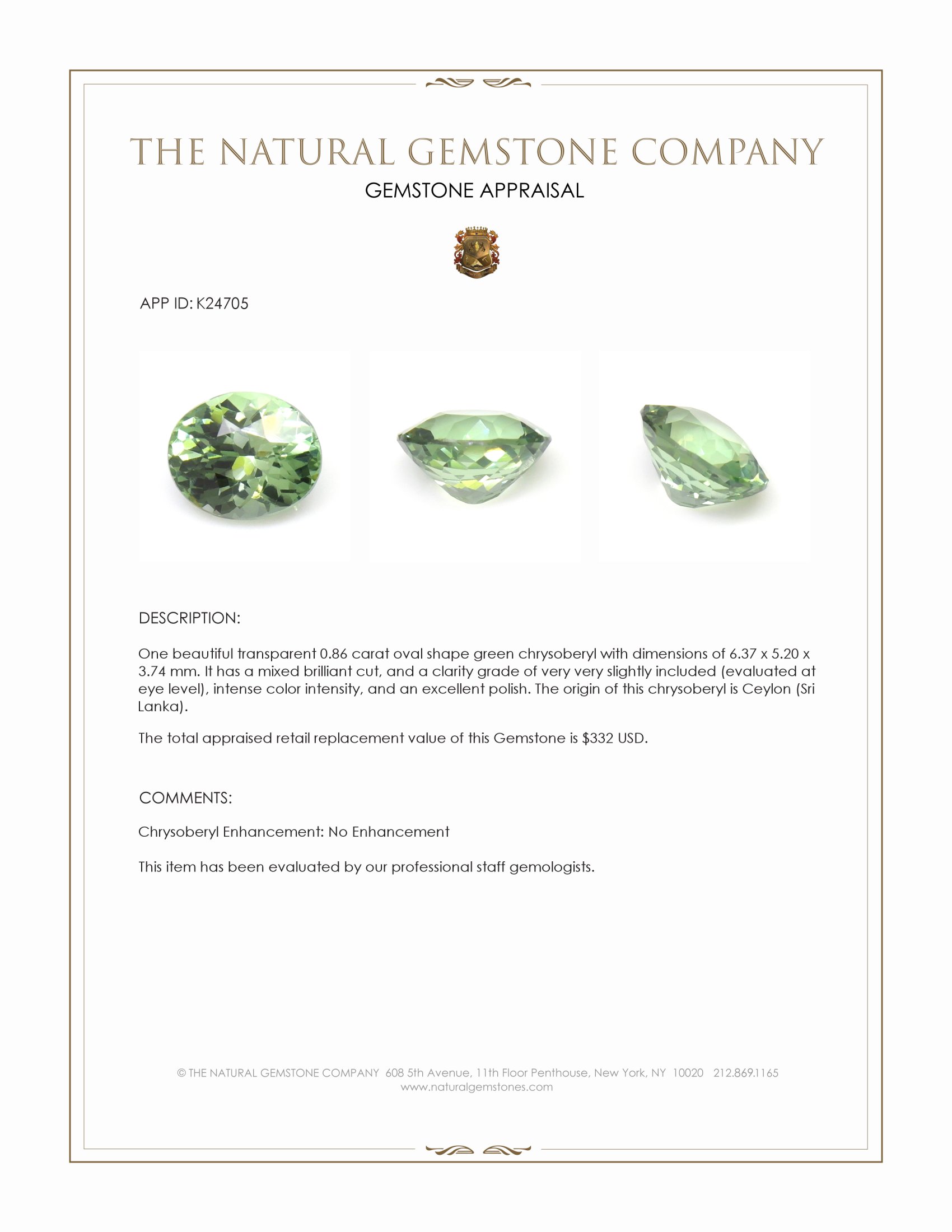 0.86 Ct. Green Chrysoberyl from Ceylon (Sri Lanka)