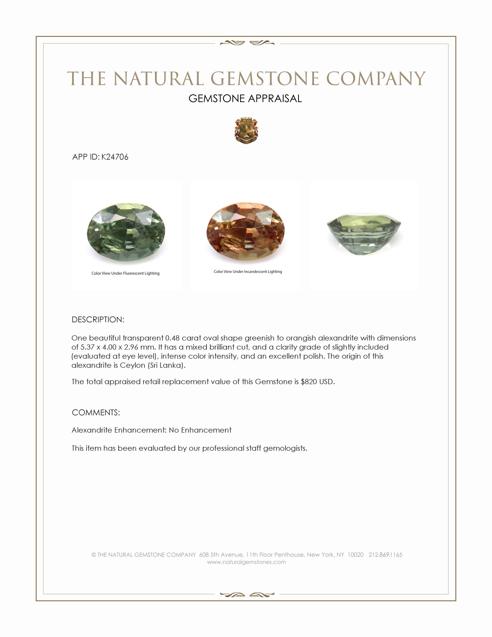 0.48 Ct. Alexandrite from Ceylon (Sri Lanka)