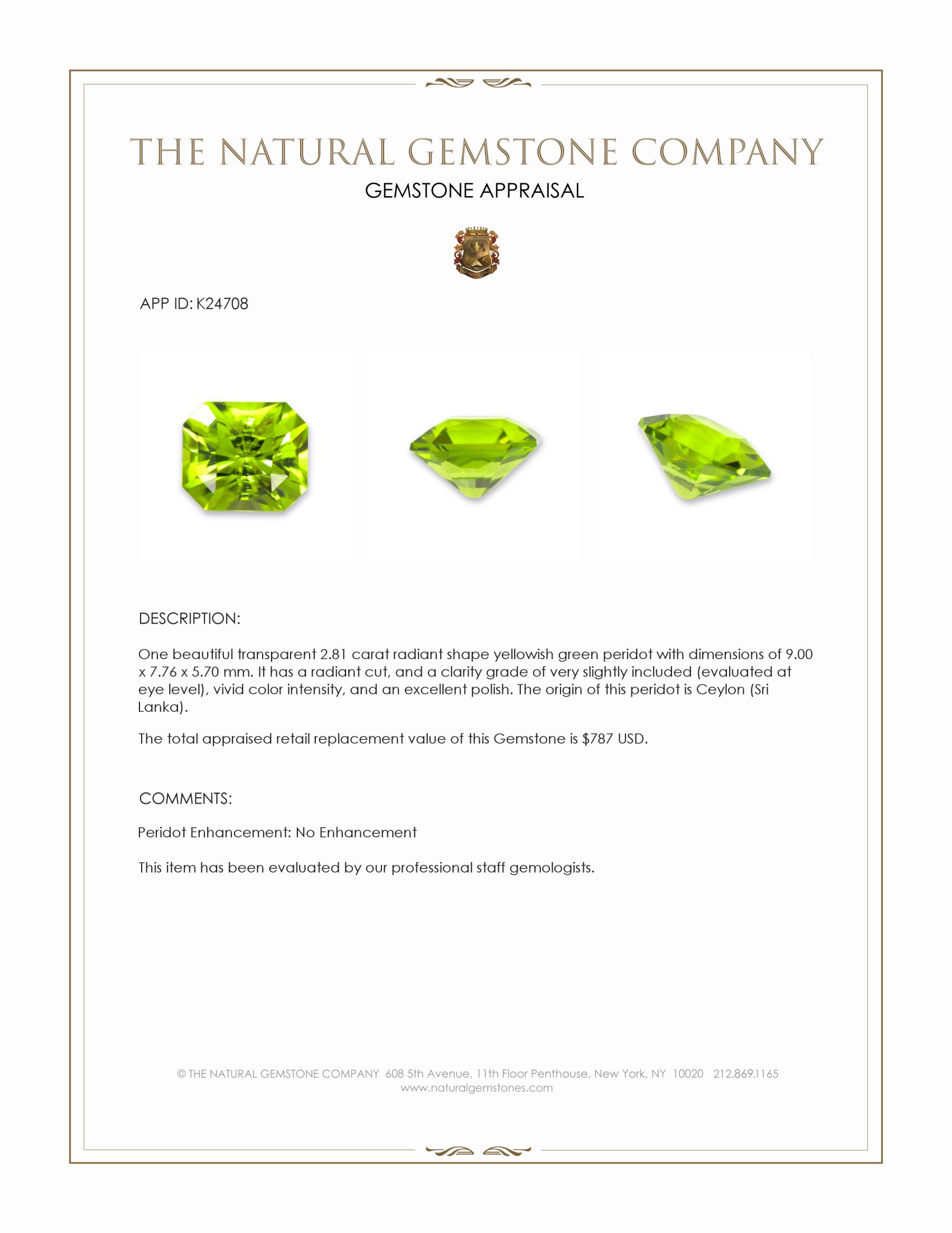 2.81 Ct. Yellowish Green Peridot from Ceylon (Sri Lanka)
