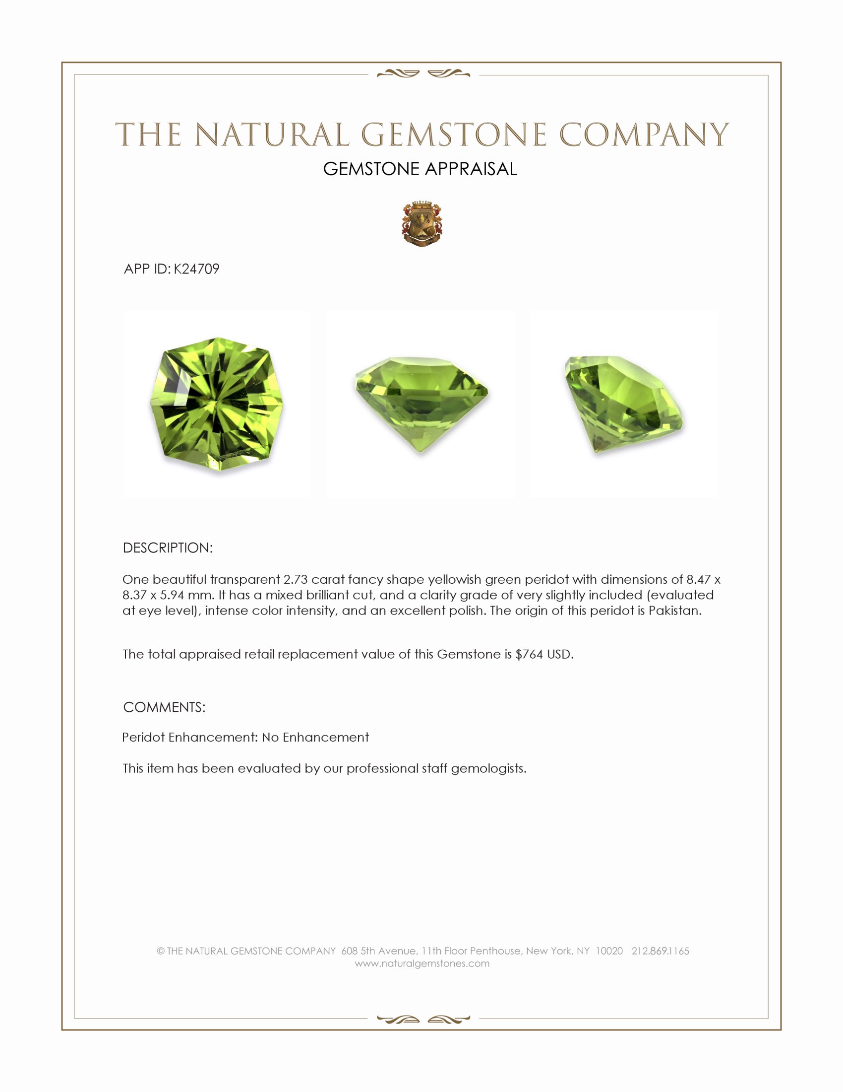 2.73 Ct. Yellowish Green Peridot from Pakistan