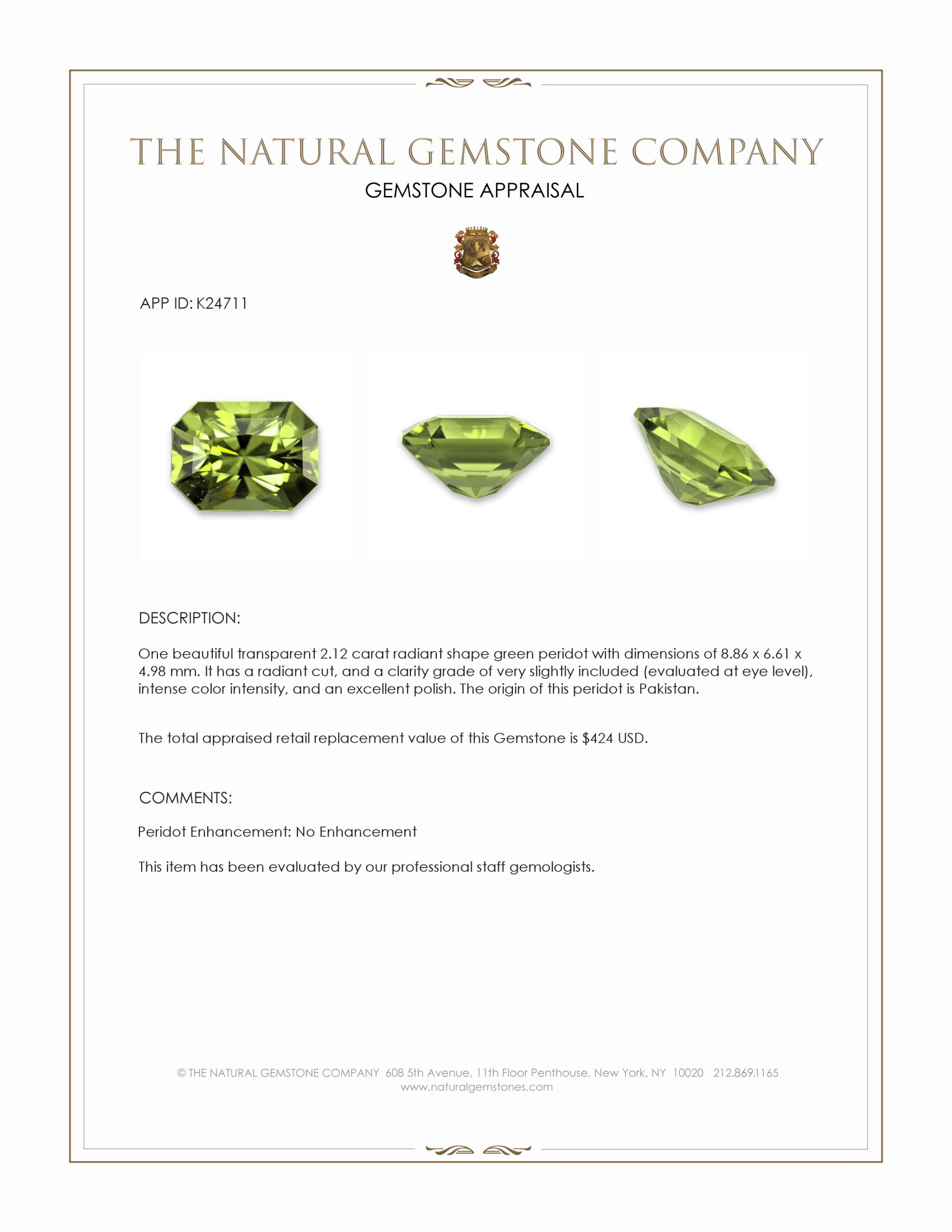 2.12 Ct. Green Peridot from Pakistan