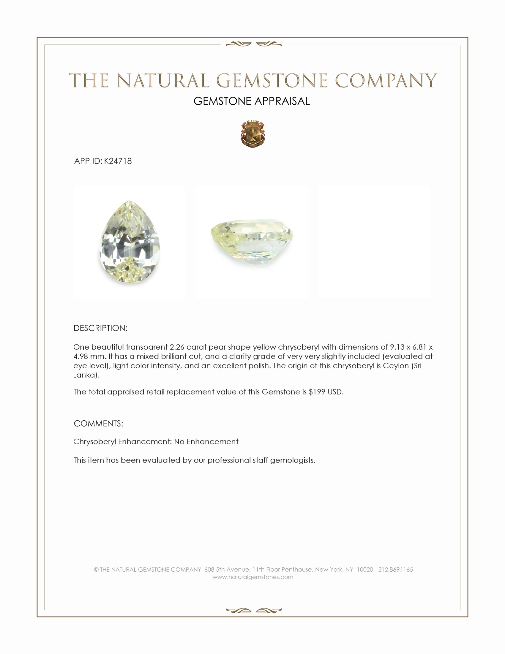 2.26 Ct. Yellow Chrysoberyl from Ceylon (Sri Lanka)