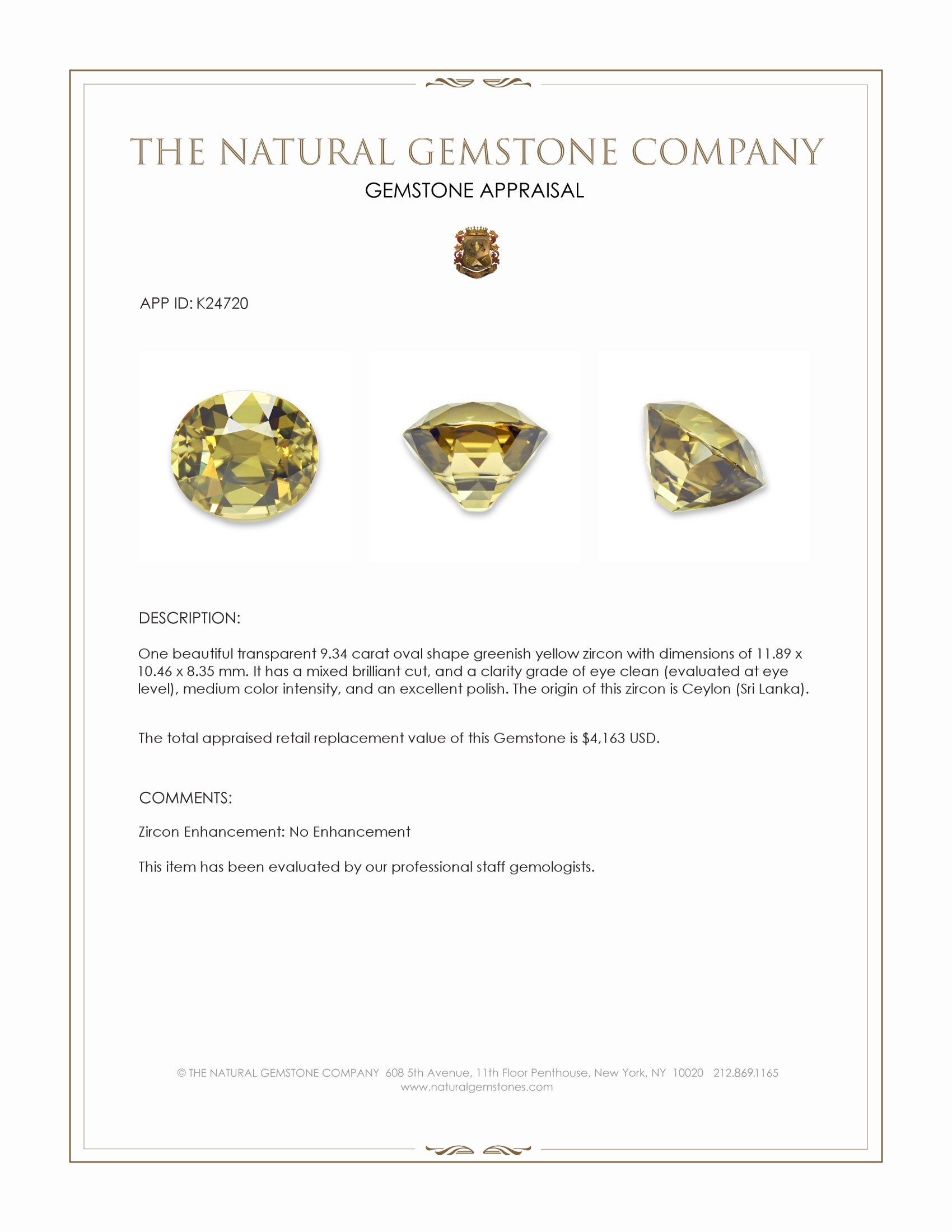 9.34 Ct. Greenish Yellow Zircon from Ceylon (Sri Lanka)