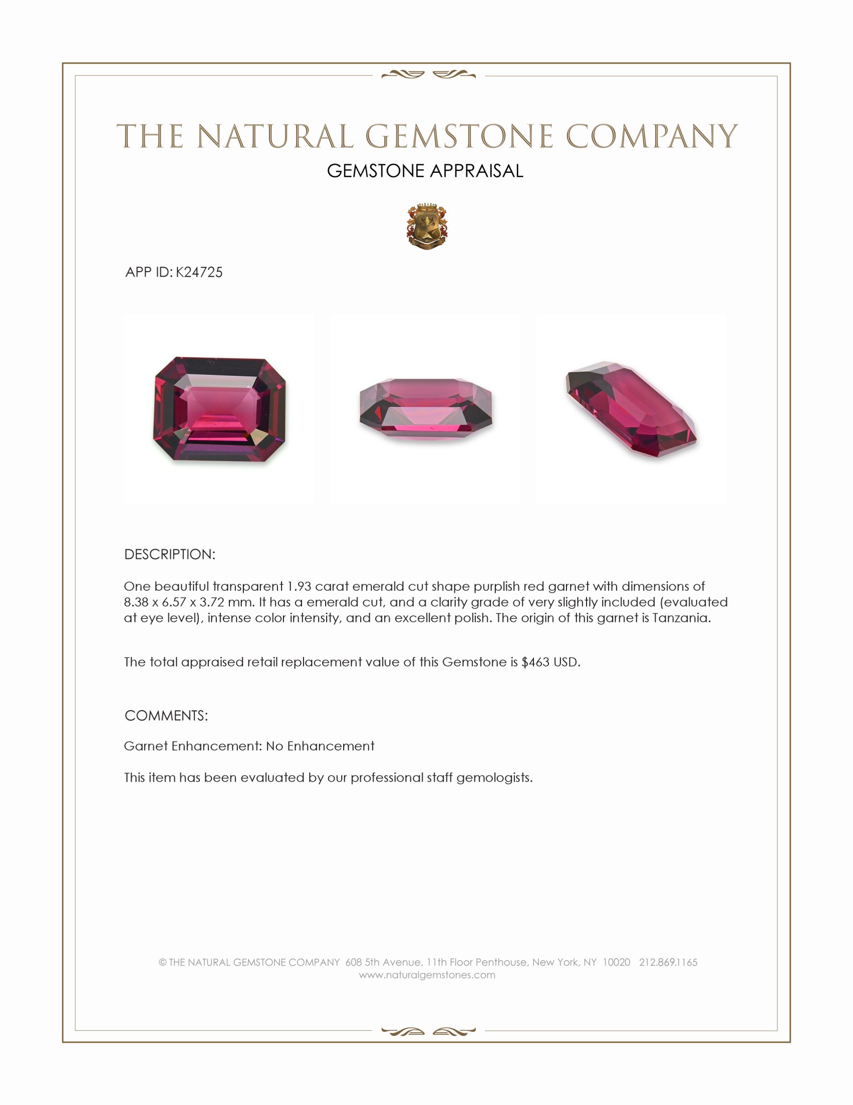1.93 Ct. Purplish Red Garnet from Tanzania