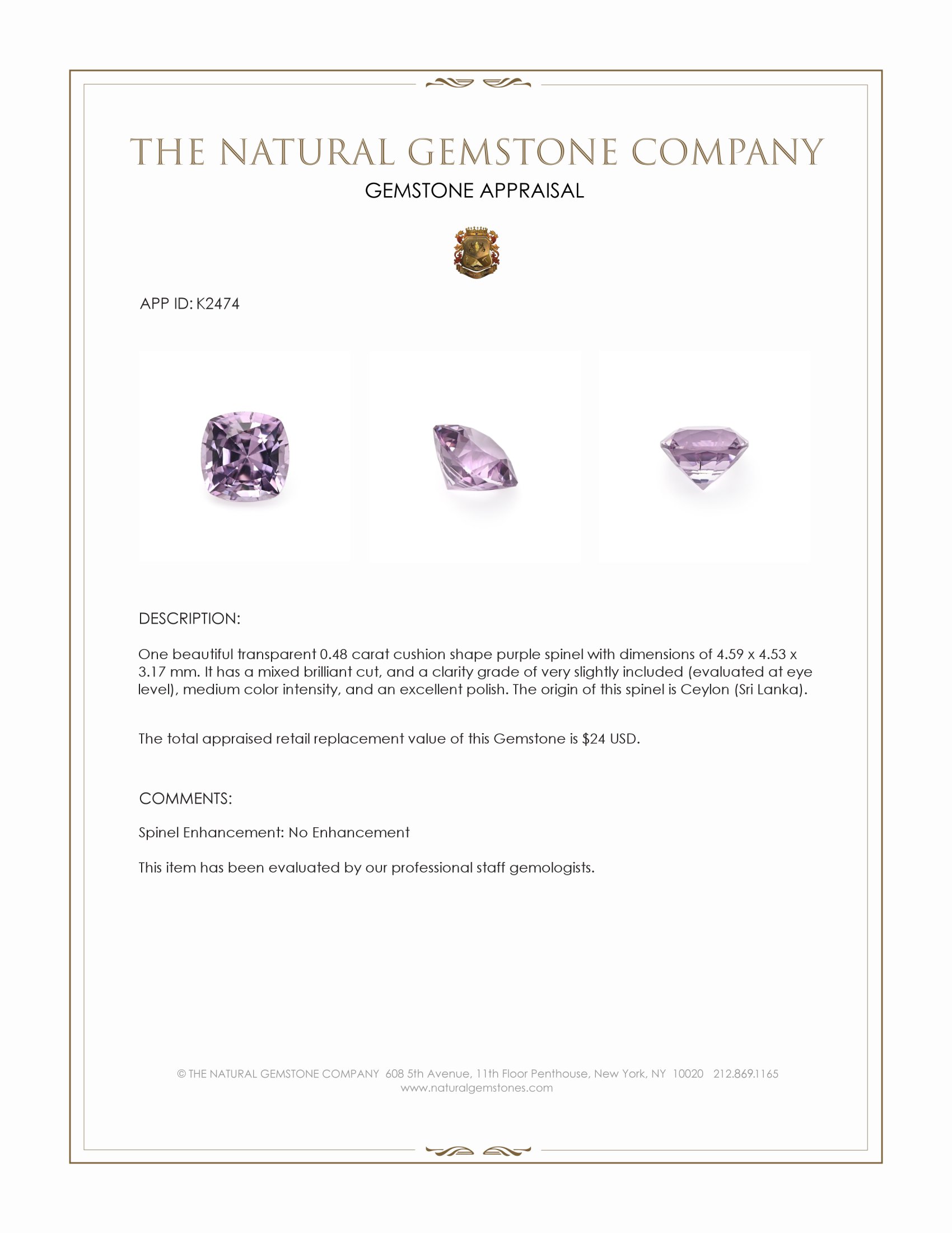 0.48 Ct. Purple Spinel from Ceylon (Sri Lanka)