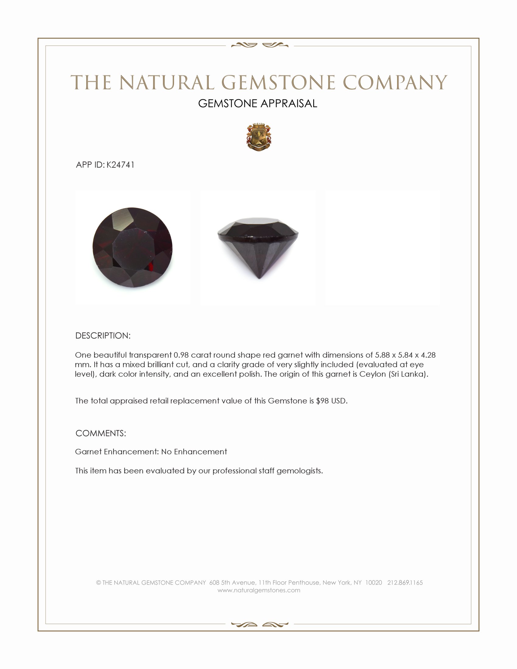 0.98 Ct. Red Garnet from Ceylon (Sri Lanka)