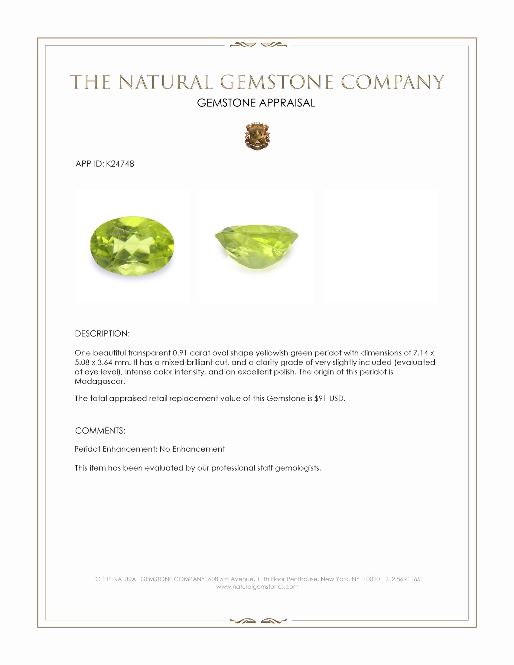 0.91 Ct. Yellowish Green Peridot from Madagascar