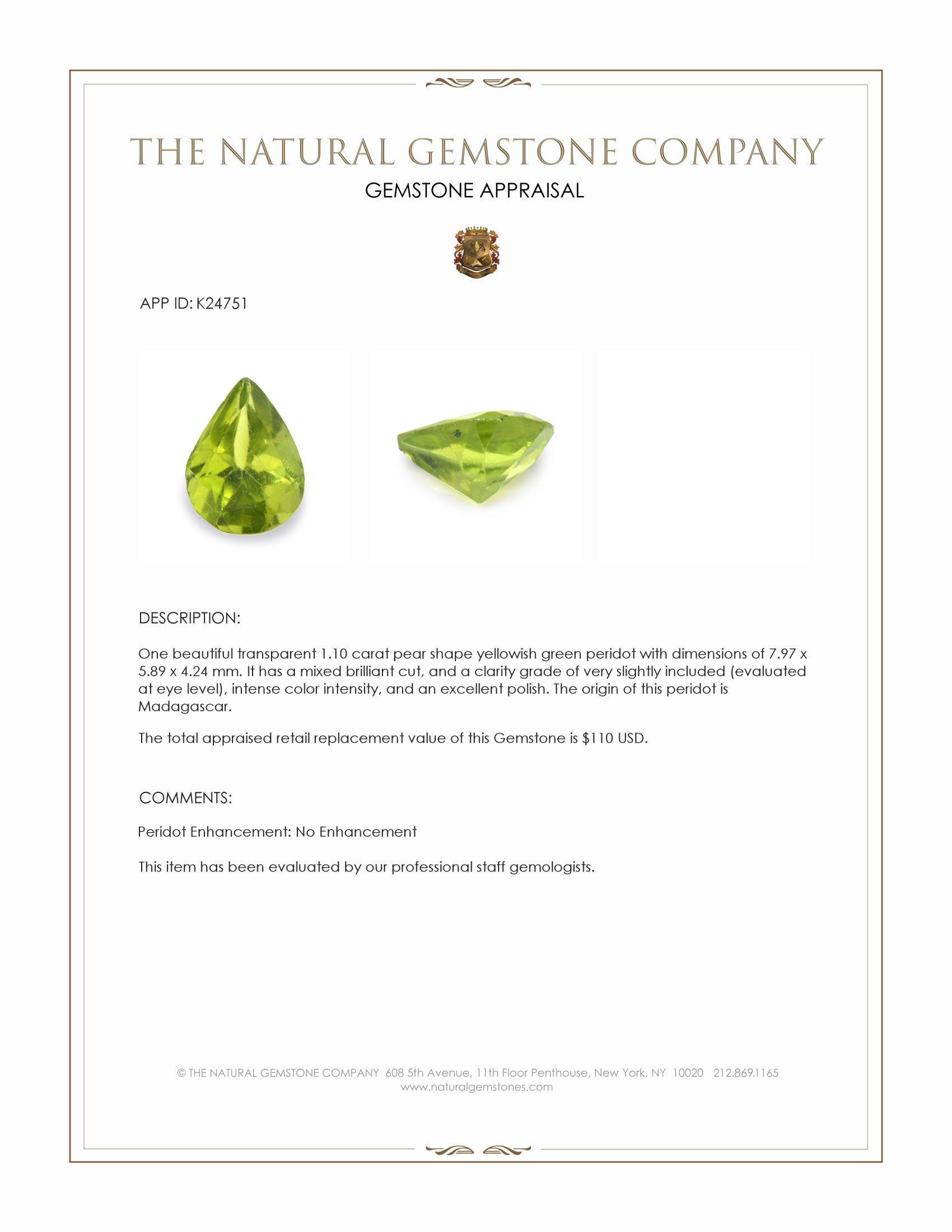 1.10 Ct. Yellowish Green Peridot from Madagascar