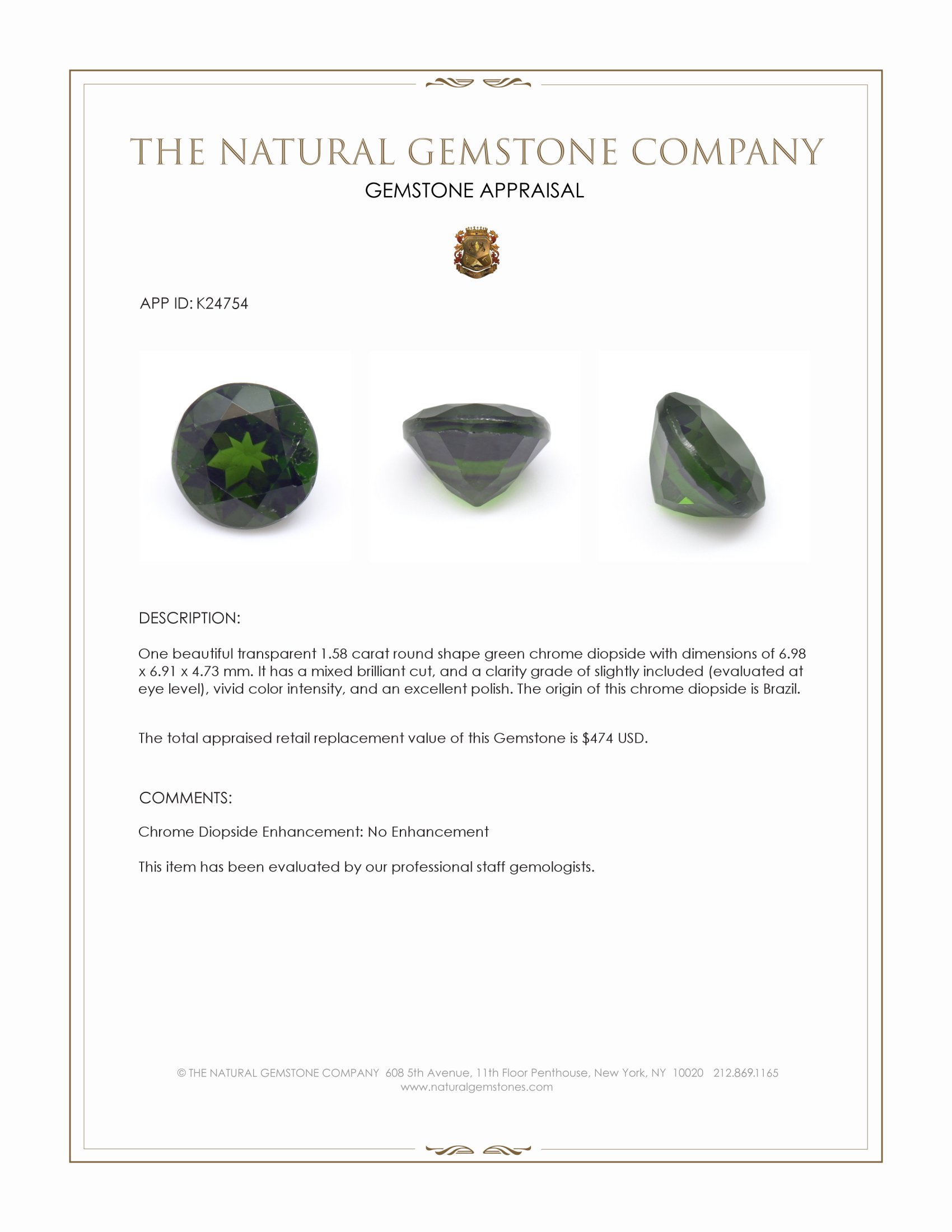 1.58 Ct. Chrome Diopside from Brazil