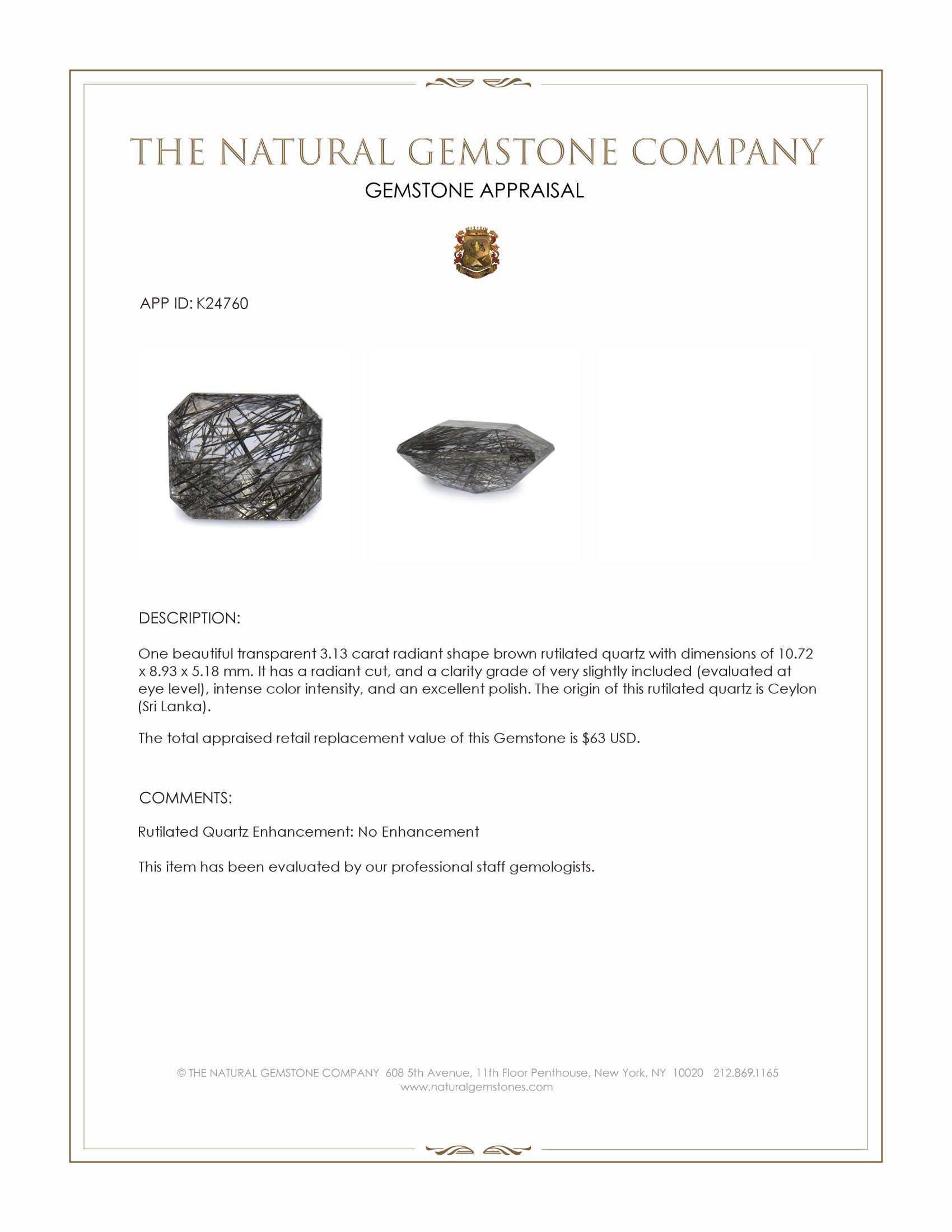 3.13 Ct. Brown Rutilated Quartz from Ceylon (Sri Lanka)