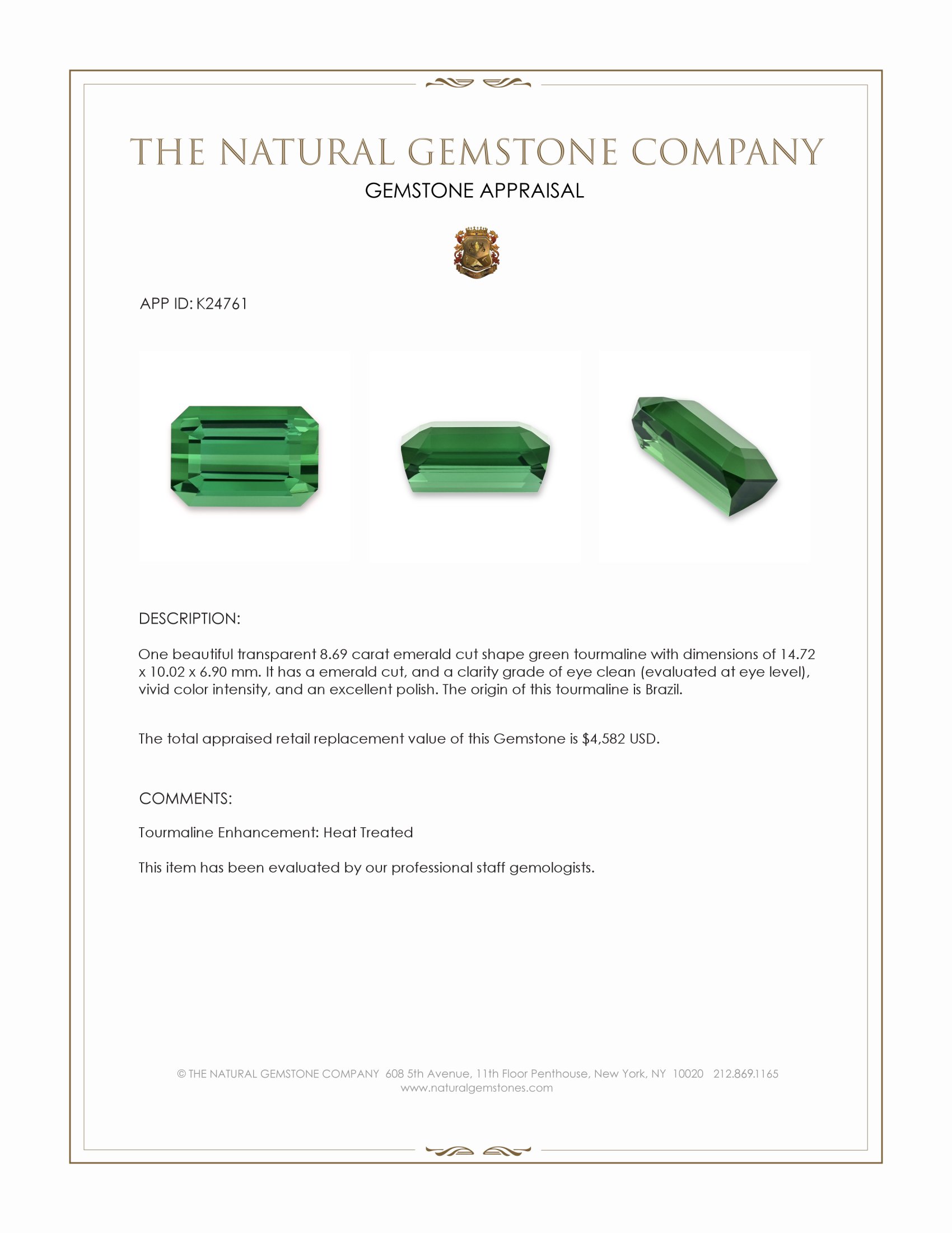 8.69 Ct. Green Tourmaline from Brazil