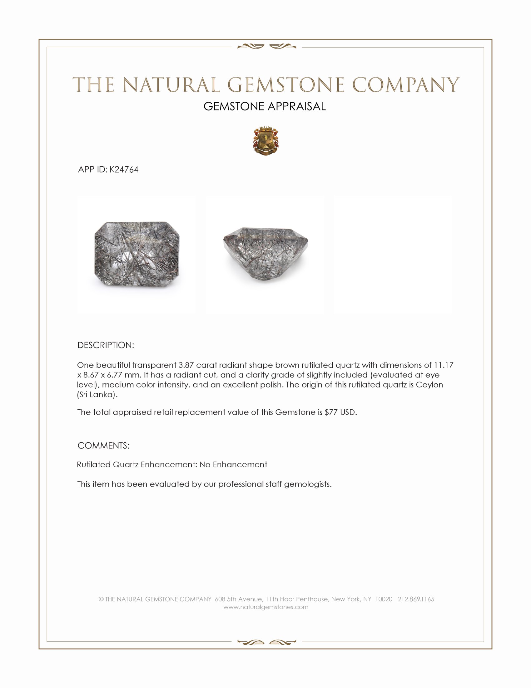 3.87 Ct. Brown Rutilated Quartz from Ceylon (Sri Lanka)