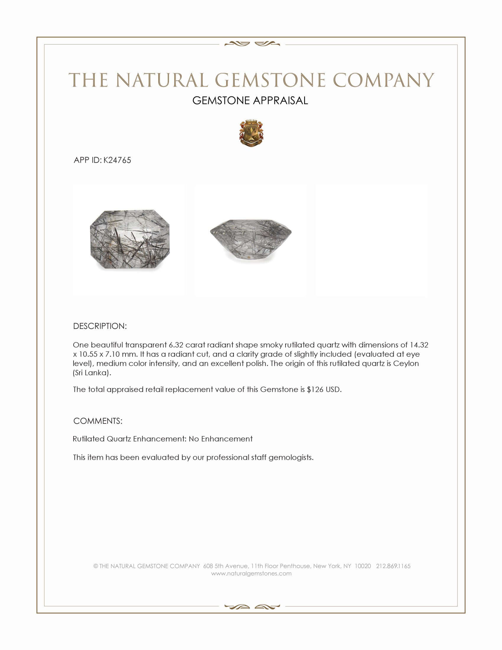 6.32 Ct. Smoky Rutilated Quartz from Ceylon (Sri Lanka)