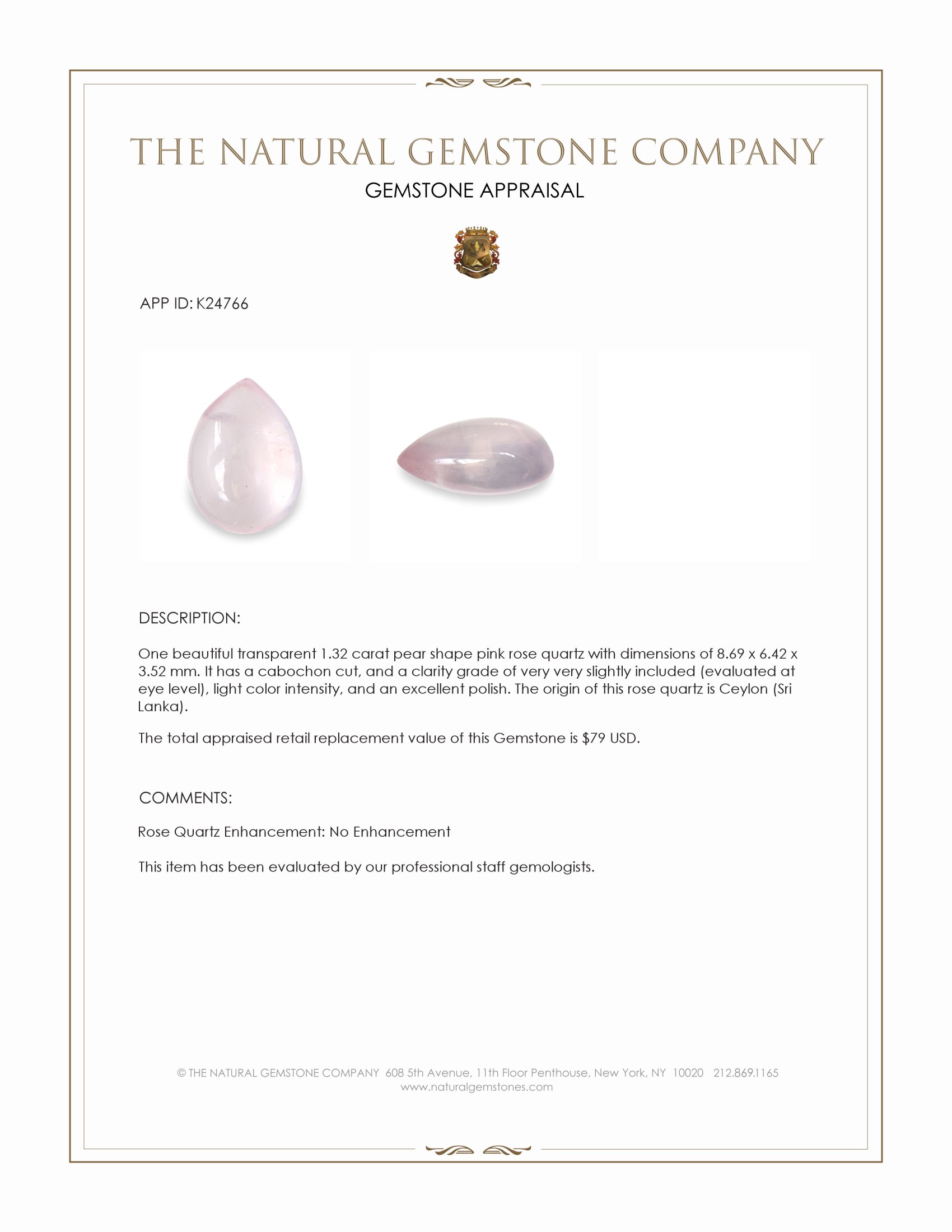 1.32 Ct. Pink Cabochon Rose Quartz from Ceylon (Sri Lanka)