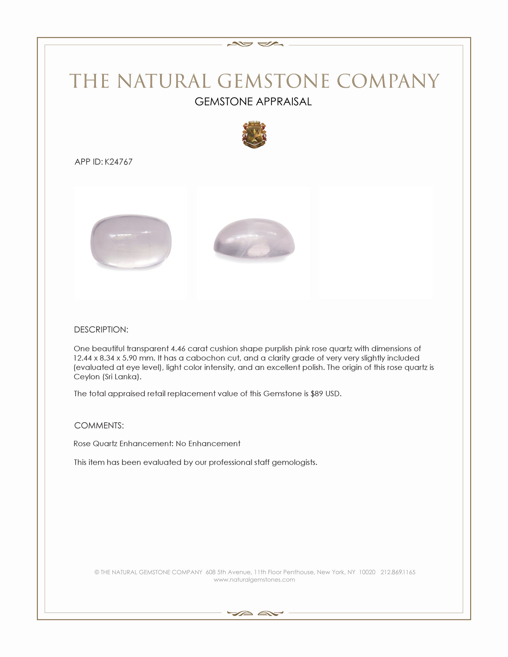 4.46 Ct. Purplish Pink Cabochon Rose Quartz from Ceylon (Sri Lanka)