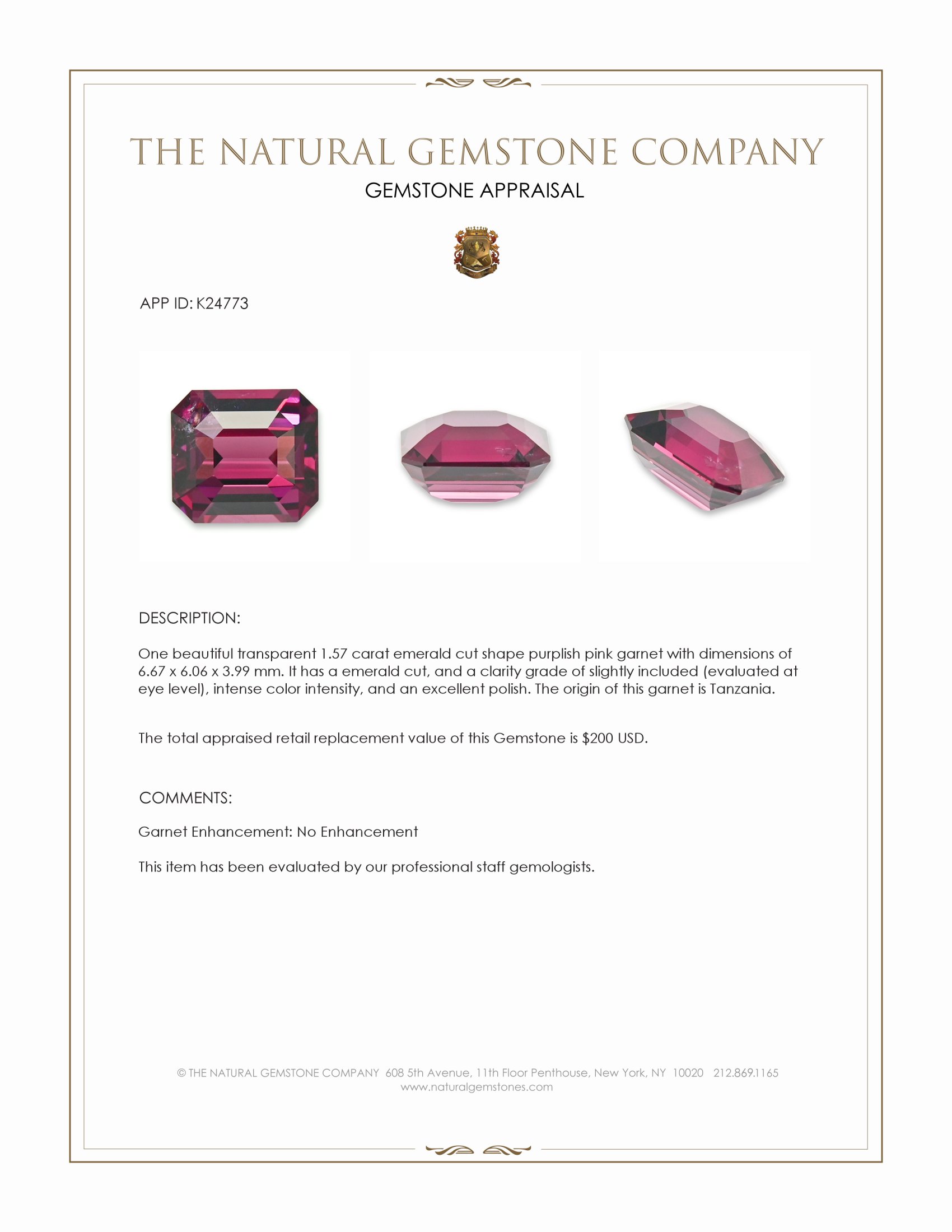1.57 Ct. Purplish Pink Garnet from Tanzania