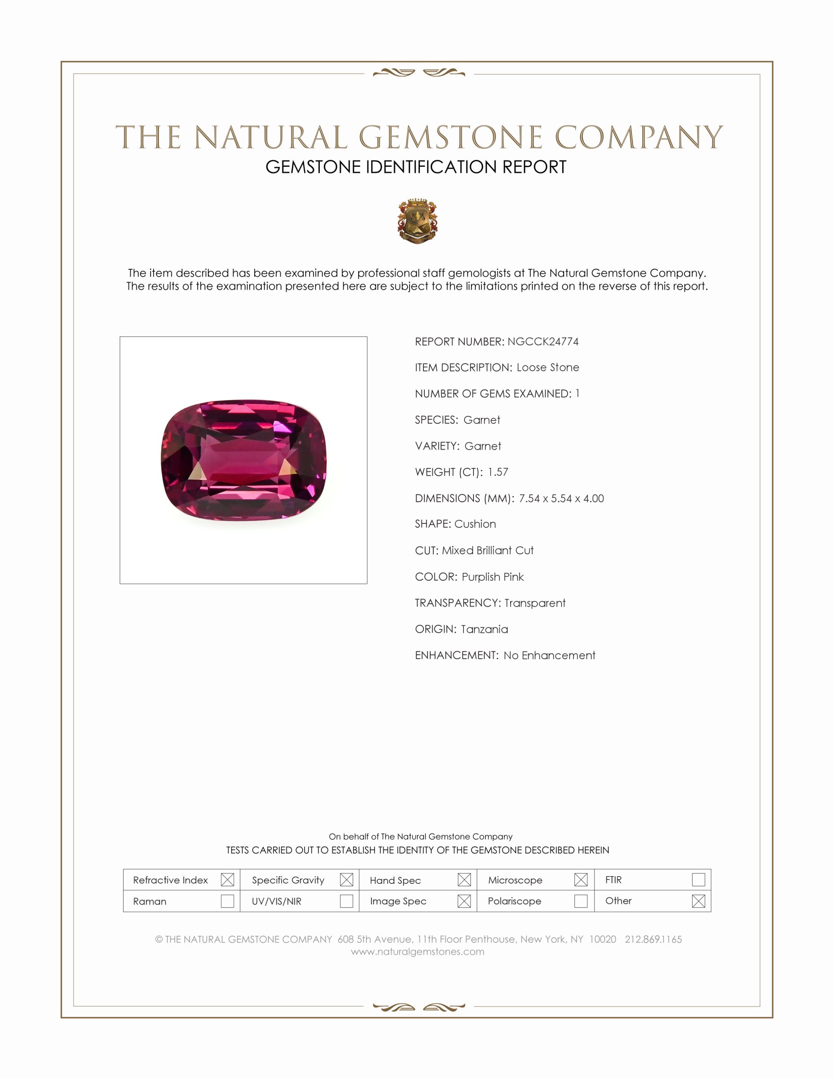 1.57 Ct. Purplish Pink Garnet from Tanzania