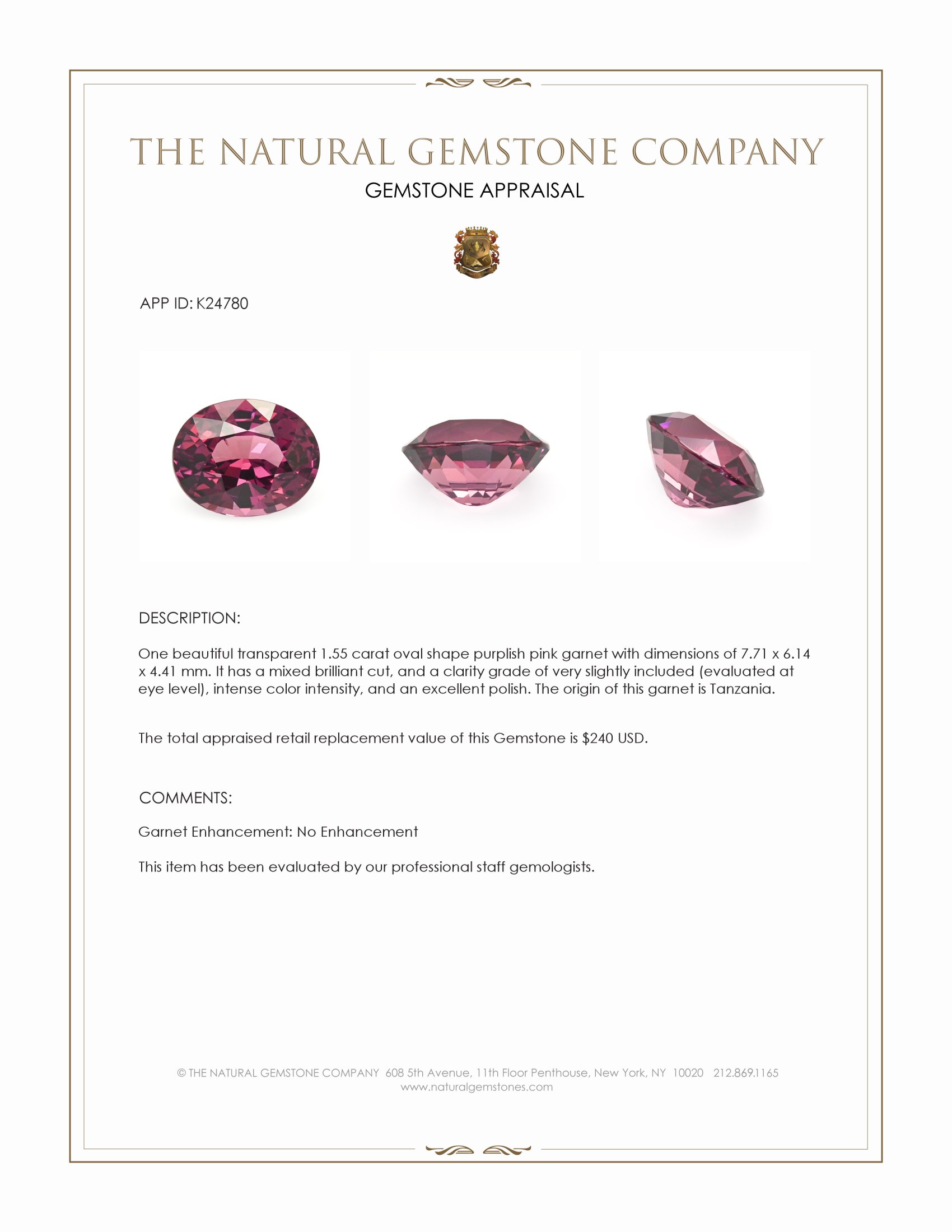 1.55 Ct. Purplish Pink Garnet from Tanzania