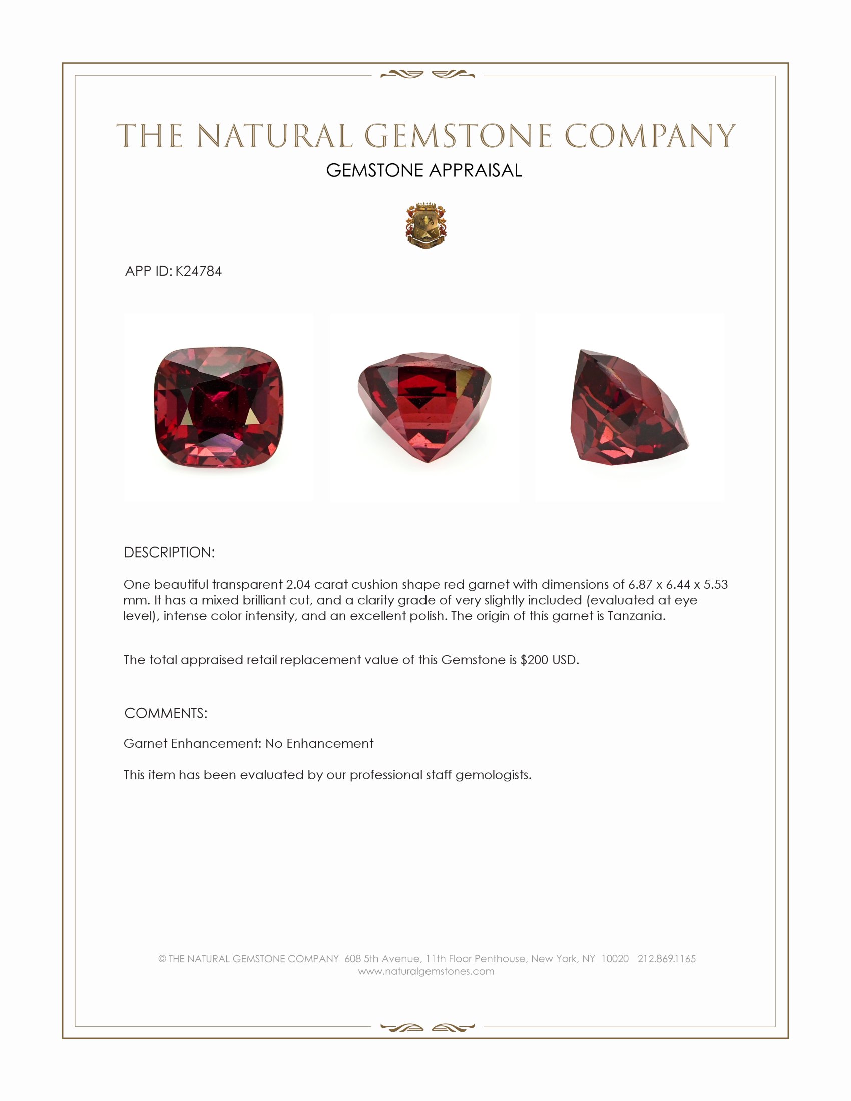 2.04 Ct. Red Garnet from Tanzania